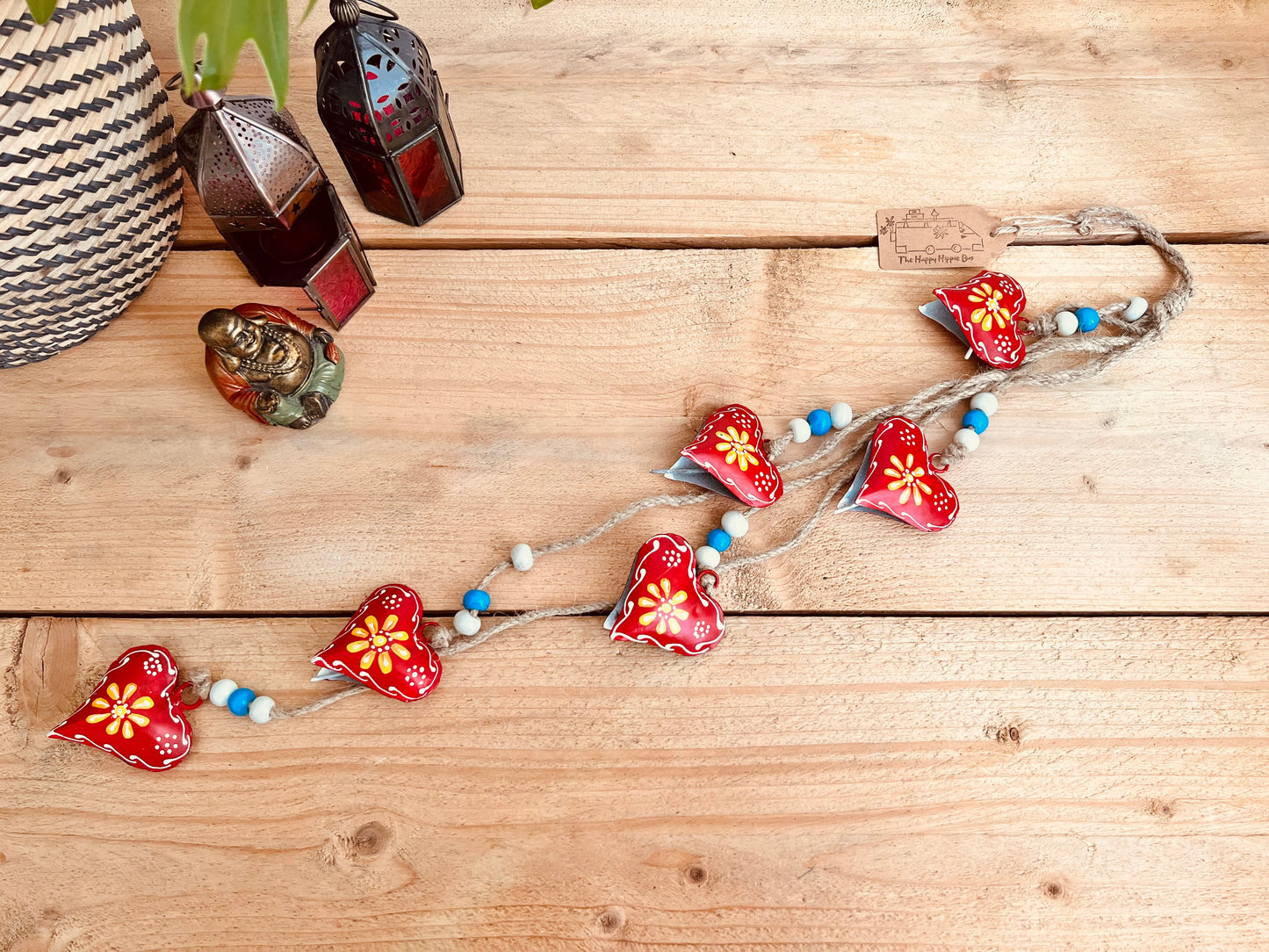 Hand painted red & yellow heart shaped metal bells wind chime on jute twine with glass beads, hanging home living decor bells chime, handmade, fair trade, ethically sourced string of Indian bells