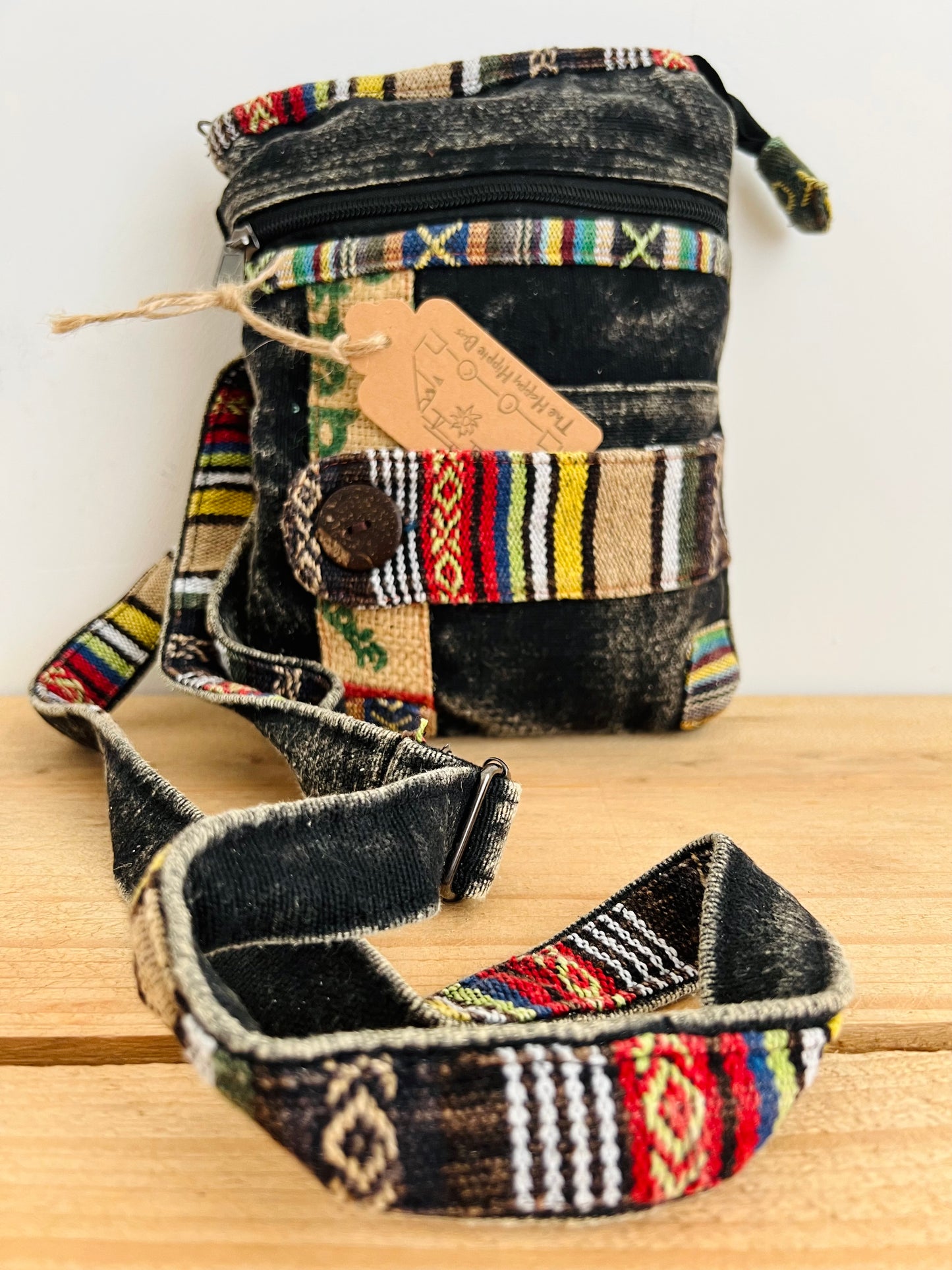 Handmade Fair Trade Ethically Sourced Bohemian Shoulder Passport Bag Green Blue Black