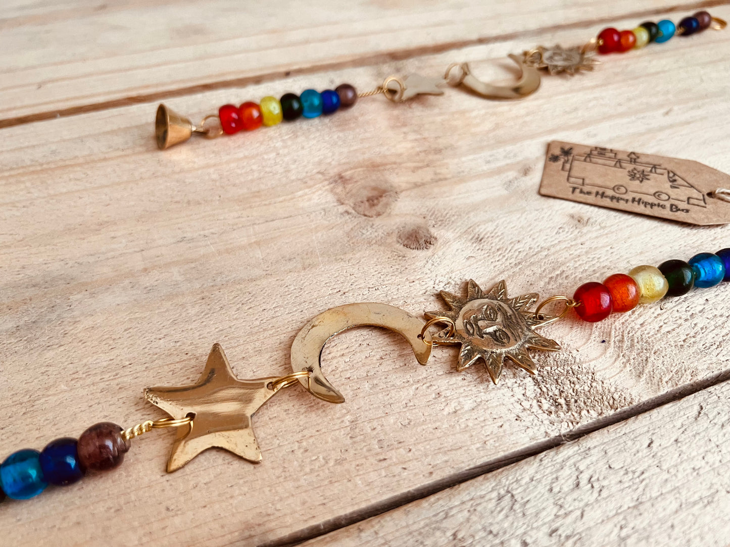 Handmade Fair Trade Ethically Sourced Recycled Brass Bohemian Hippie Hanging Bell Wind Chime Glass Beads
