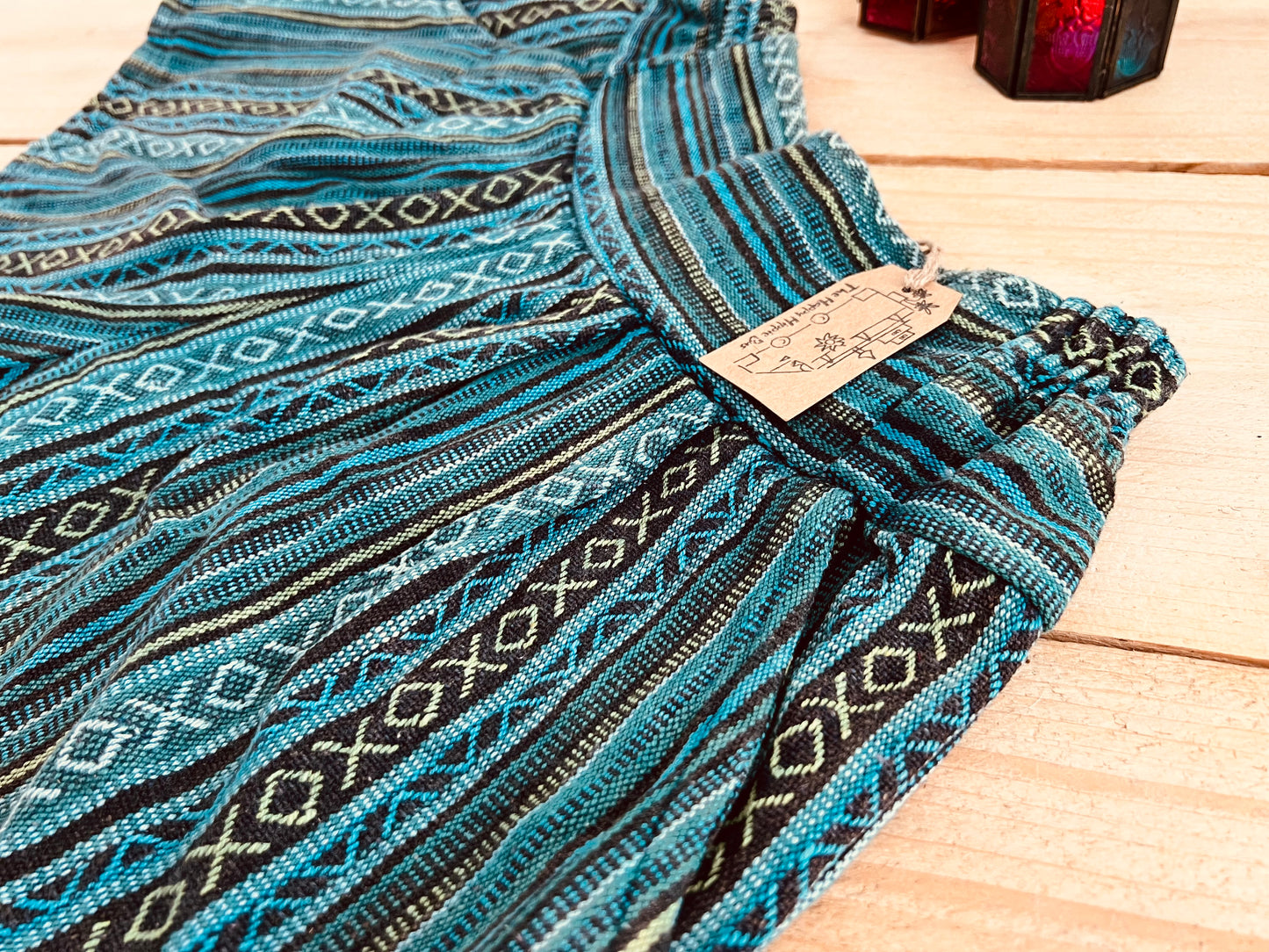 women’s summer boho hippie shorts, blue turquoise striped casual relaxed fit shorts with half elasticated waist, recycled handmade cotton fabric shorts with striped bohemian hippie design, fair trade and ethical