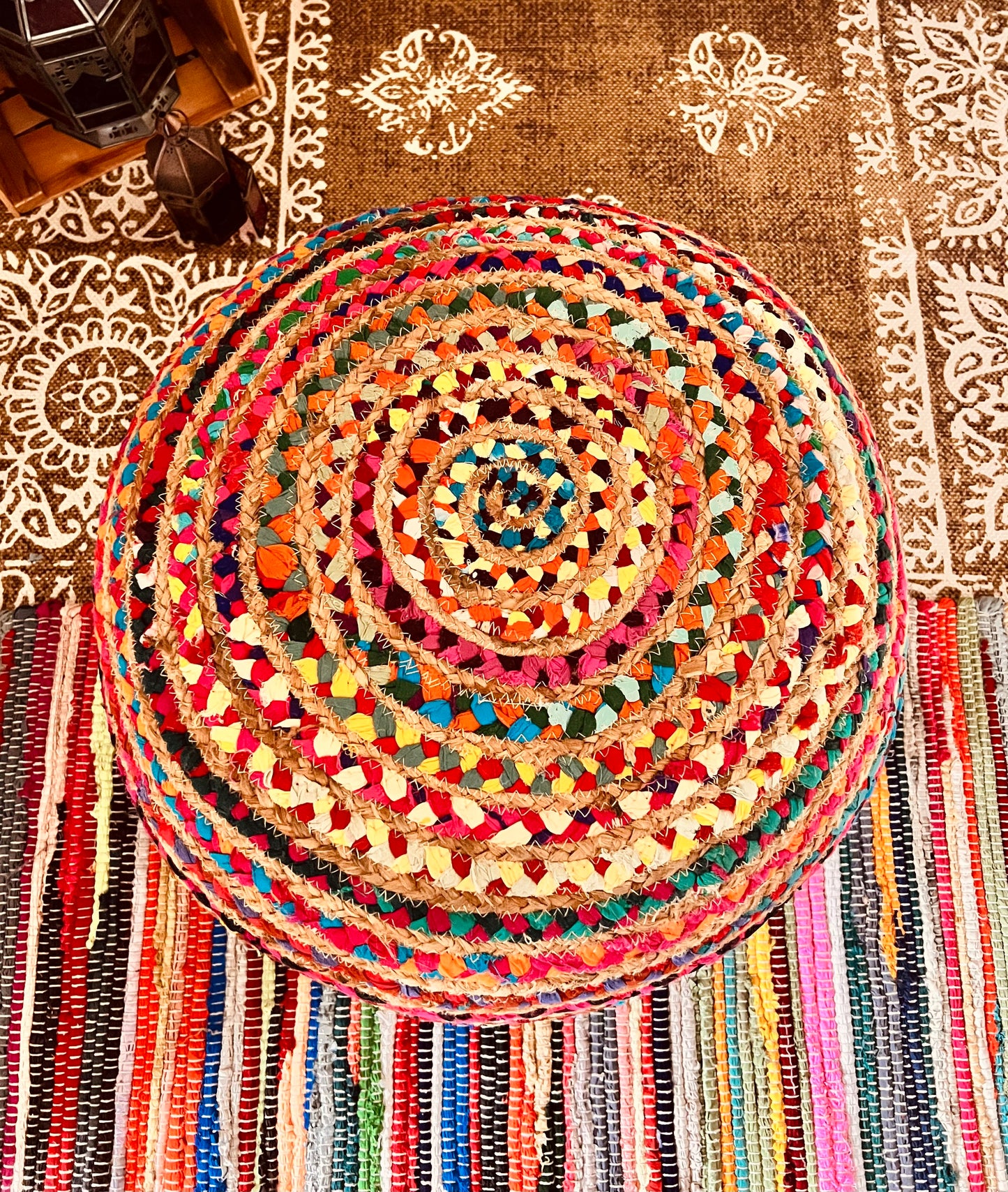 Colourful Jute Chindi Footstool Pouffe