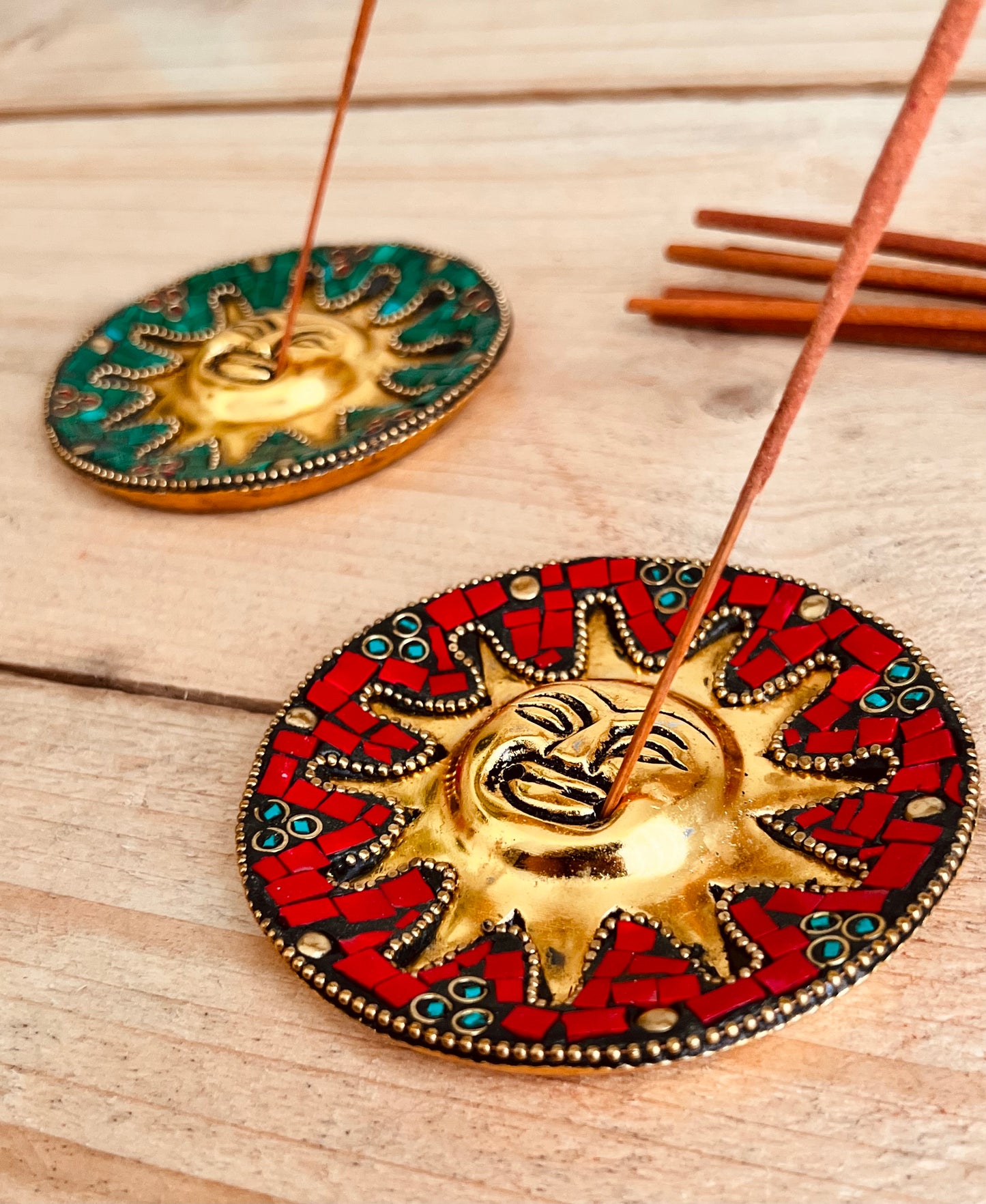 Handmade Fair Trade Mossaic Incense Stick HOlder With Gold Sun Face Ash Catcher