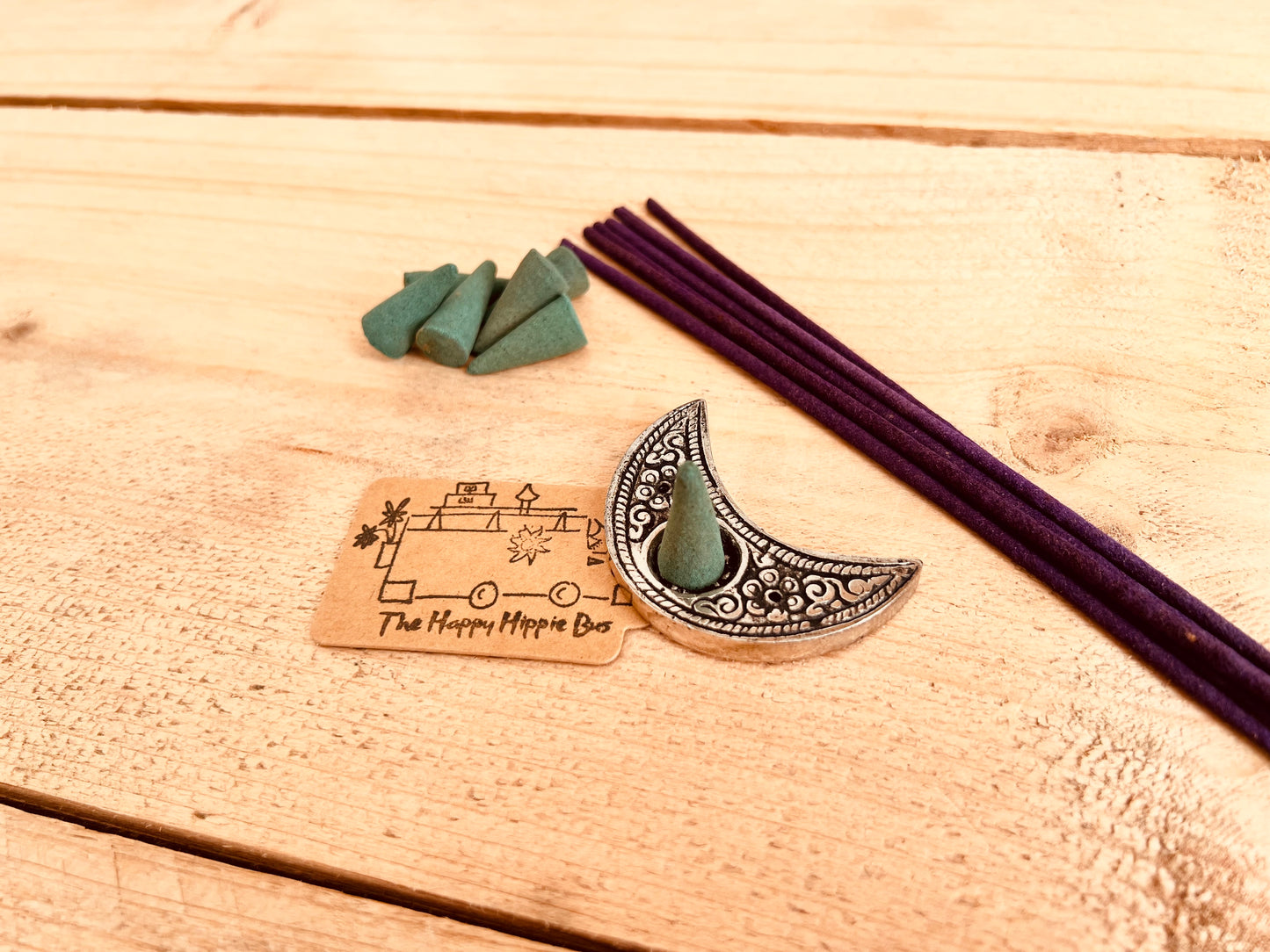 Crescent moon mini metal recycled incense stick cone holder burner fair trade handmade ethically sourced incense holder