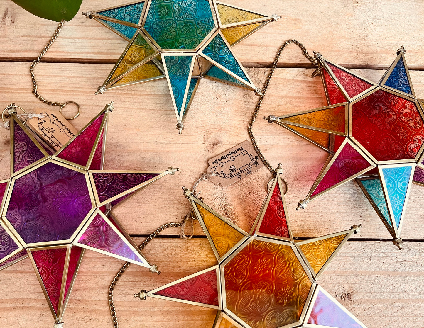 Hanging star stained glass Moroccan style colourful lantern fair trade handmade ethically sourced boho hippie home decor lantern