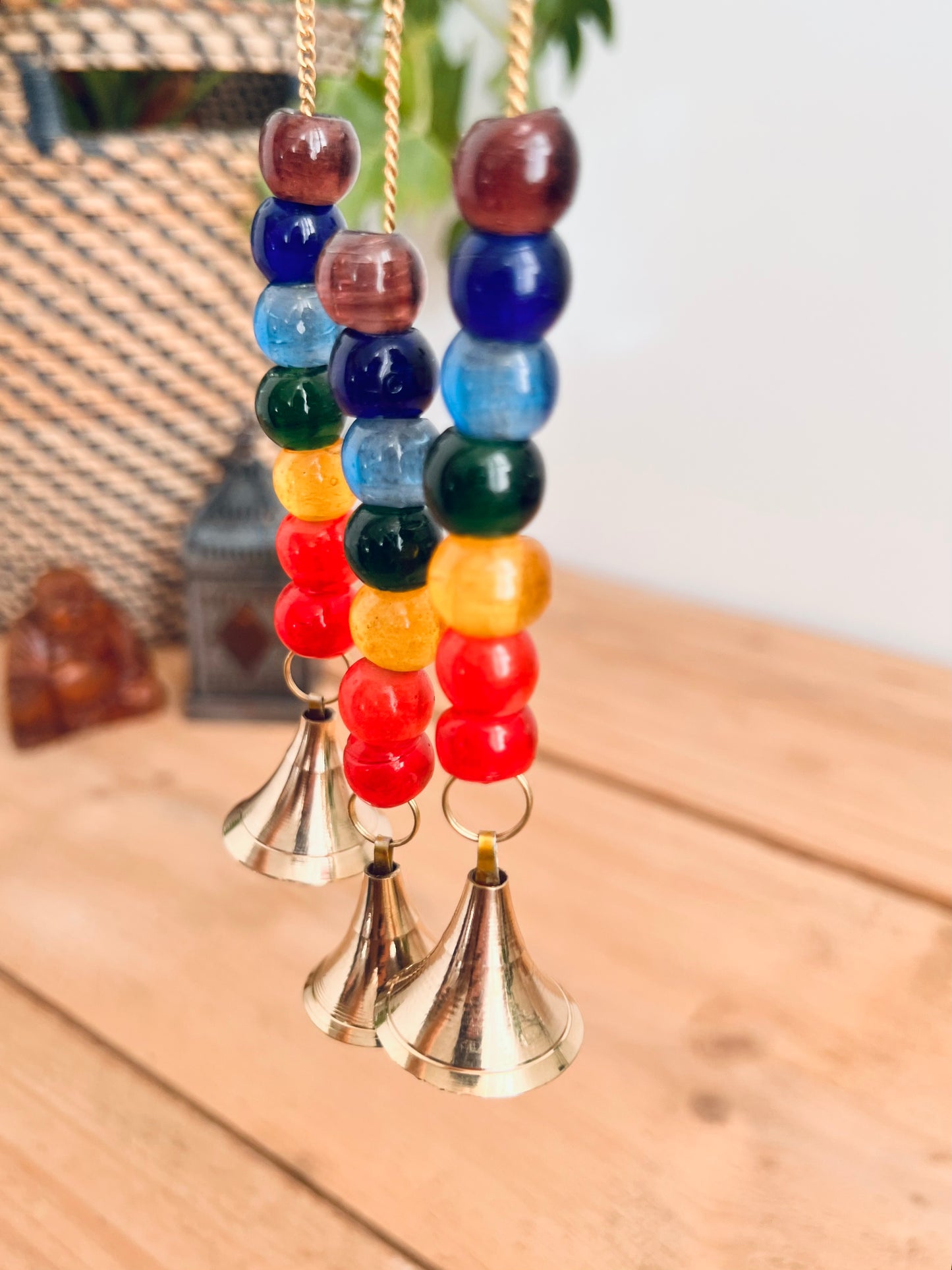 handmade mini brass sun sunshine bells, smiling sun boho hippie colourful wind chime bells, fair trade, ethical, hanging mini recycled brass bell chime