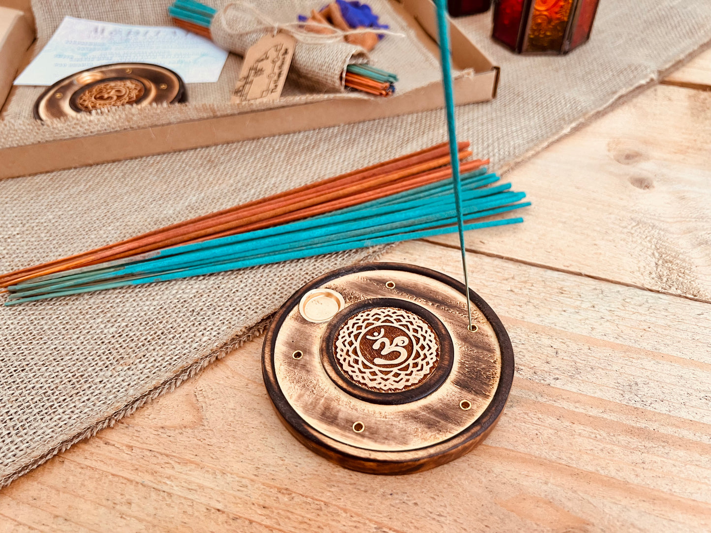 Beautifully packaged incense subscription featuring wooden incense holder burner with calming scents, delivered monthly for home and spiritual rituals