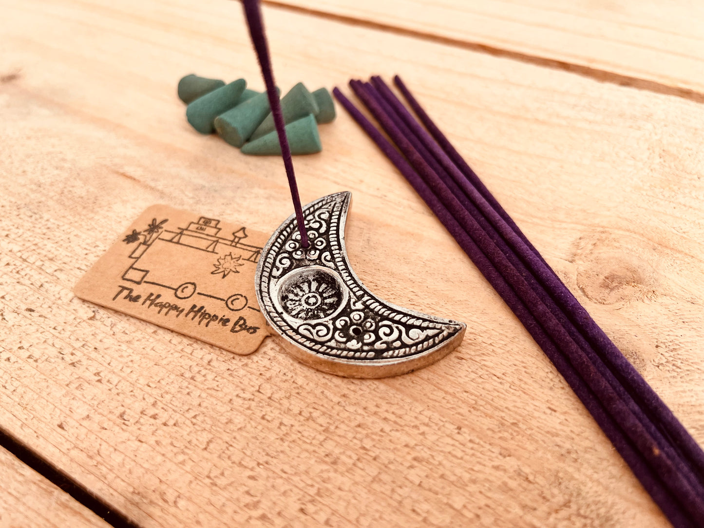 Crescent moon mini metal recycled incense stick cone holder burner fair trade handmade ethically sourced incense holder