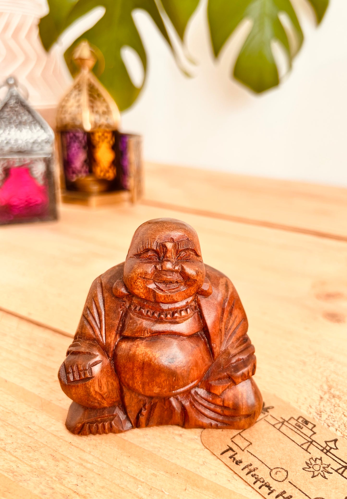 Handmade fair trade carved wooden mini Buddha statue ornament, boho hippie home decor laughing good luck spiritual Buddha home decor mini statue