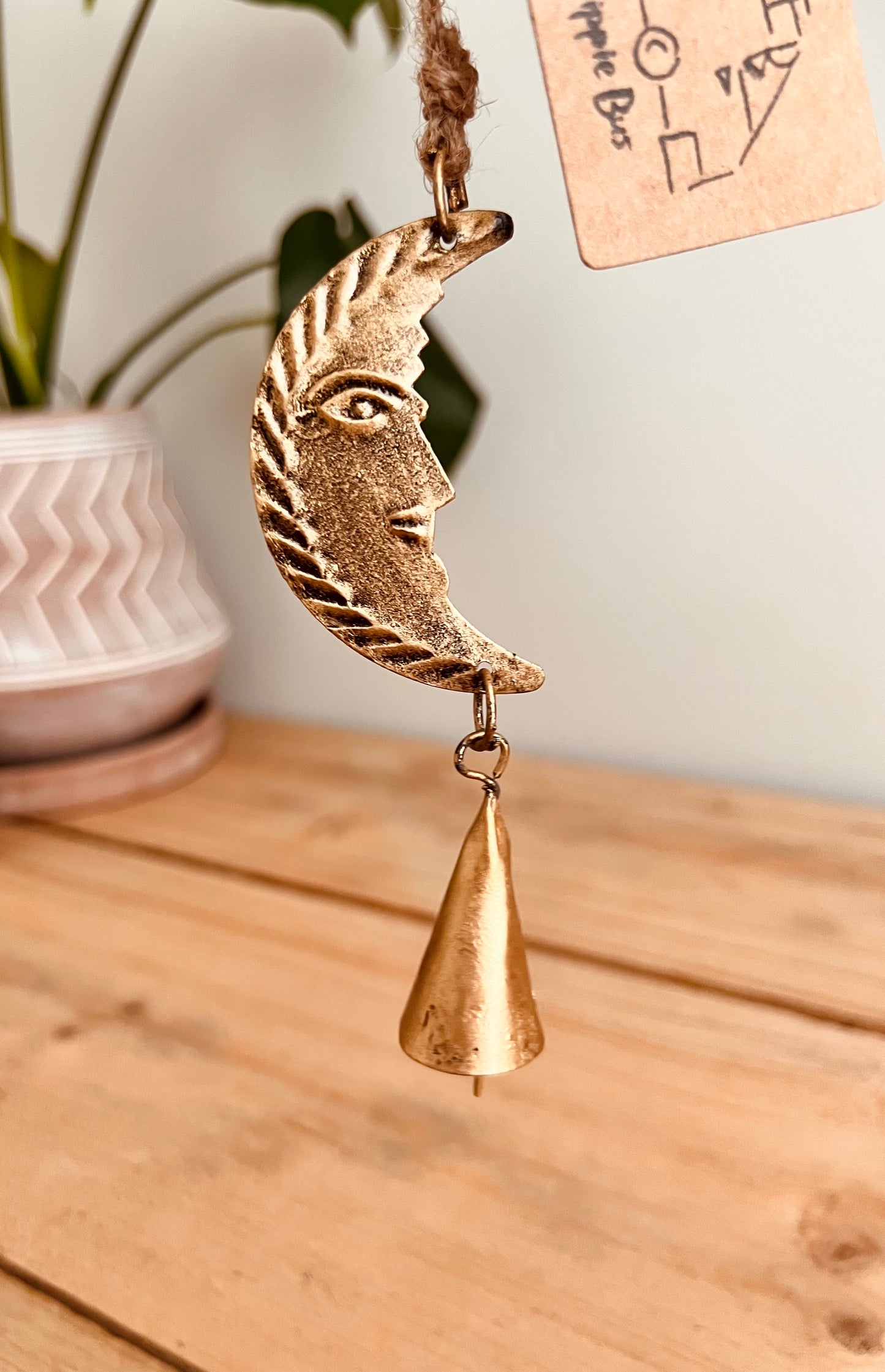 Handmade & Fair Trade Crescent Moon With Face Brads Hanging Bell Wind Chime