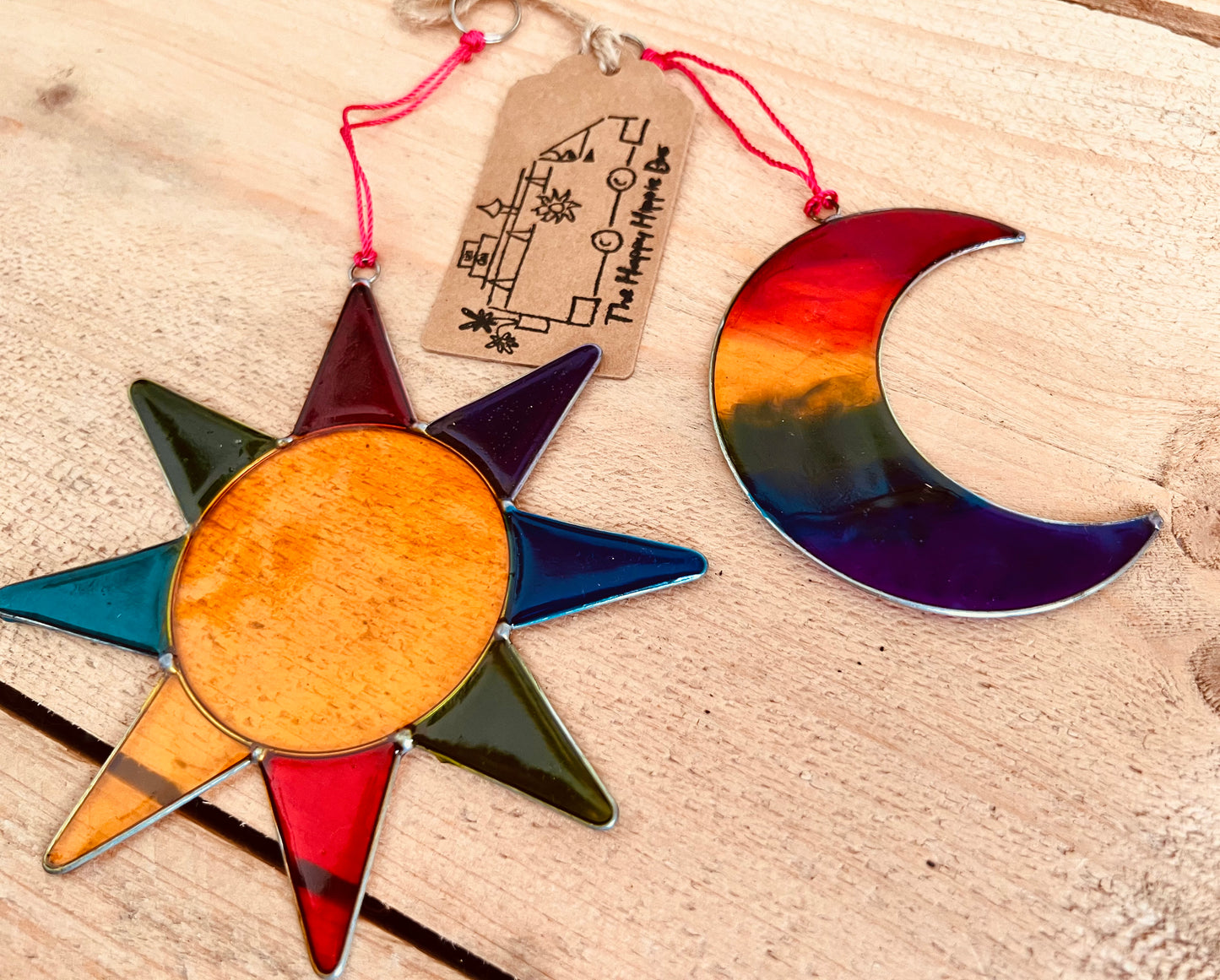 Mini resin stained glass sun and moon set of two sun catchers, boho hippie rainbow colour window decor, handmade, fair trade, ethically sourced home