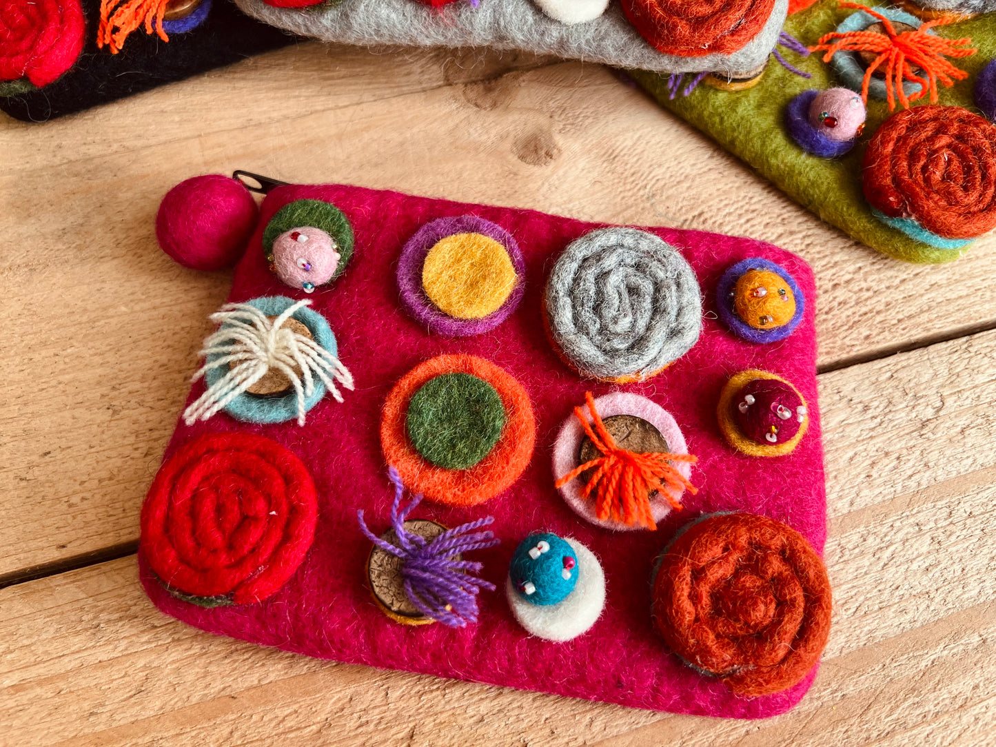 Handmade Fair Trade Ethically Sourced Bohemian Hippie Coin Purse Wallet Made From Wool Felt With Pom Poms & Zip Closure Pink
