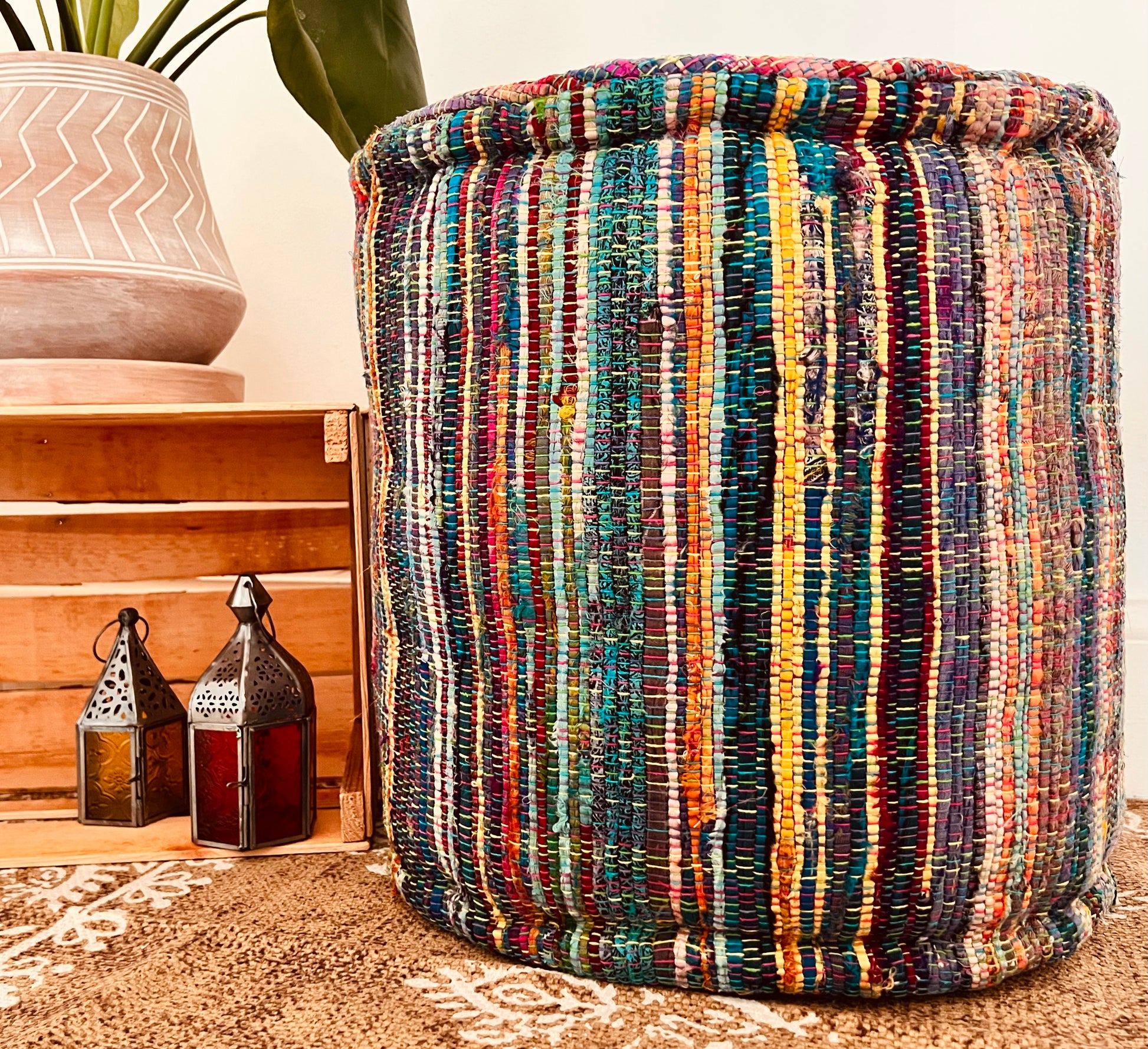 Handmade & Fair trade recycled fabric rag rug footstool pouffe bohemian footstool
