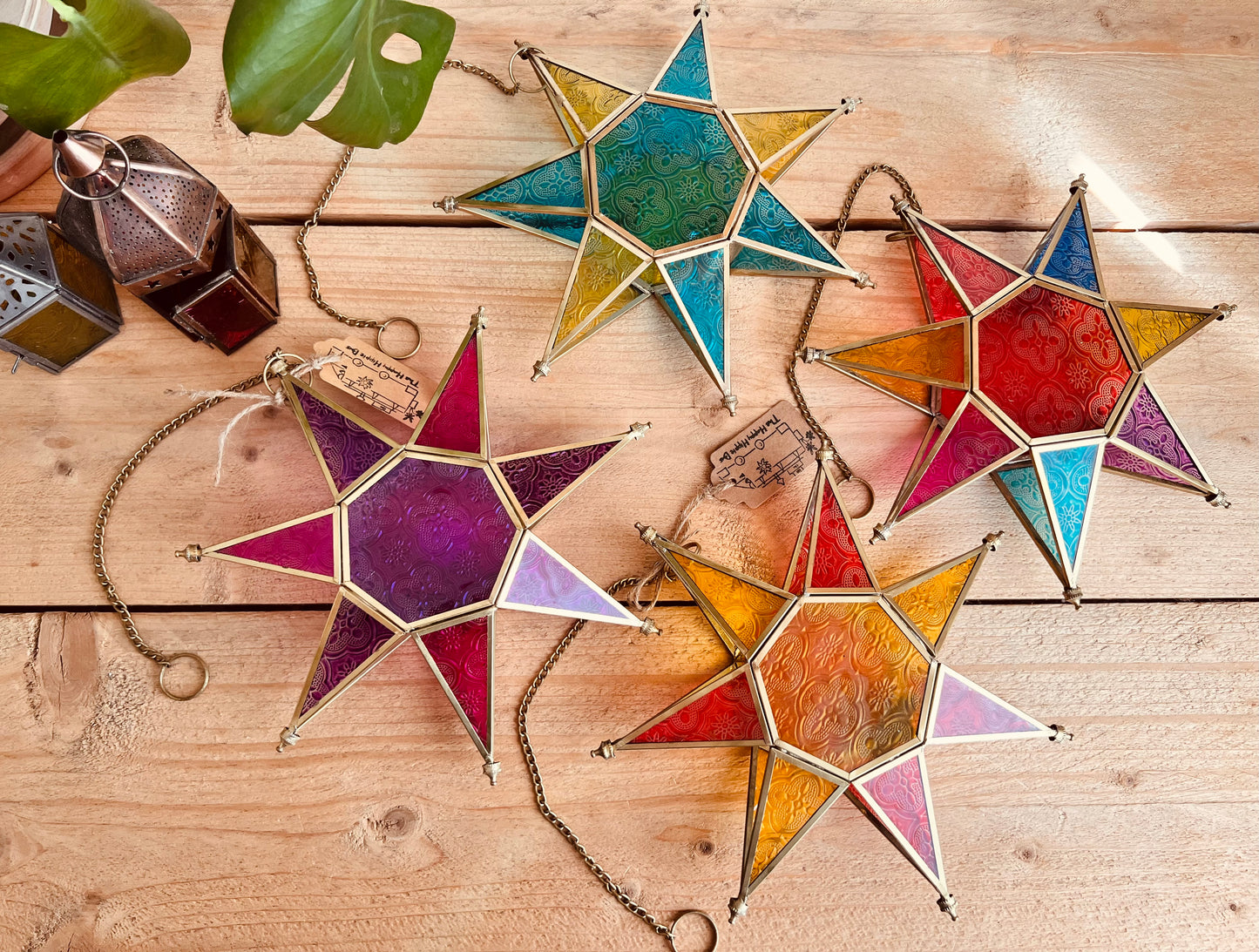 Hanging star stained glass Moroccan style colourful lantern fair trade handmade ethically sourced boho hippie home decor lantern