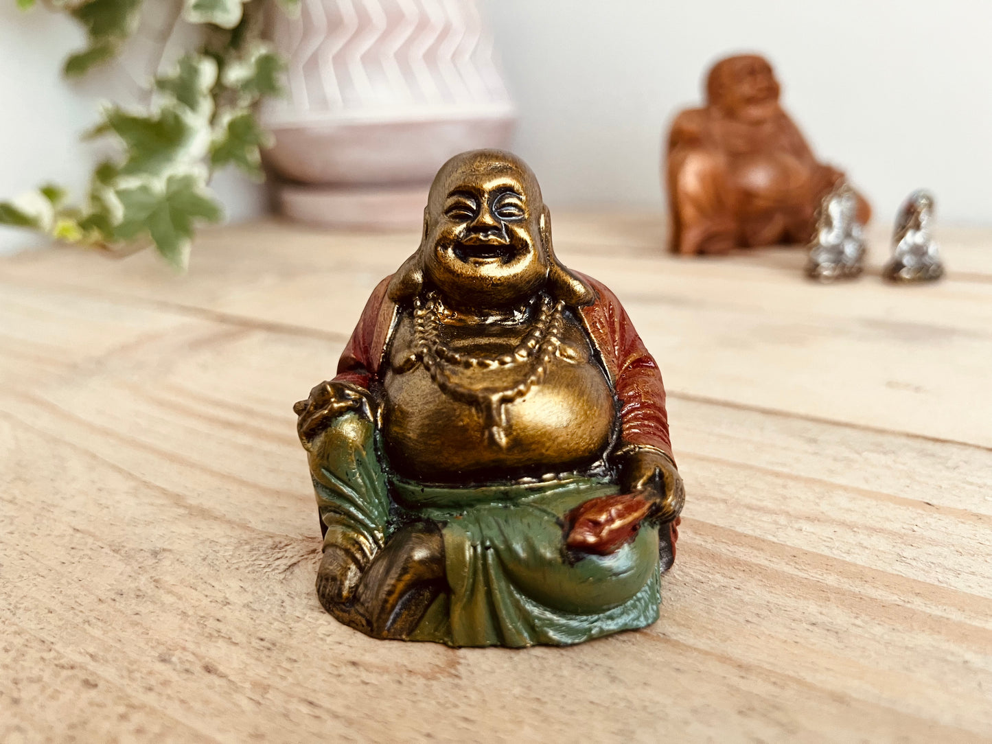 Handmade Fair Trade Laughing Gold Green Red Buddha Ornament Statue Small Bohemian Hippie Decor