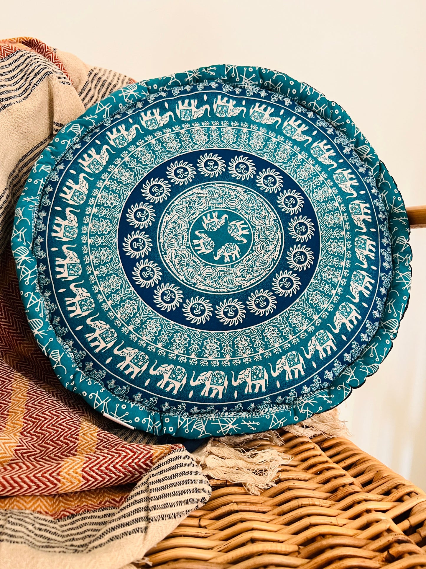 Handmade, Fair Trade, Large Yoga, Floor Cushion, Mandala Elephant Print, Blue