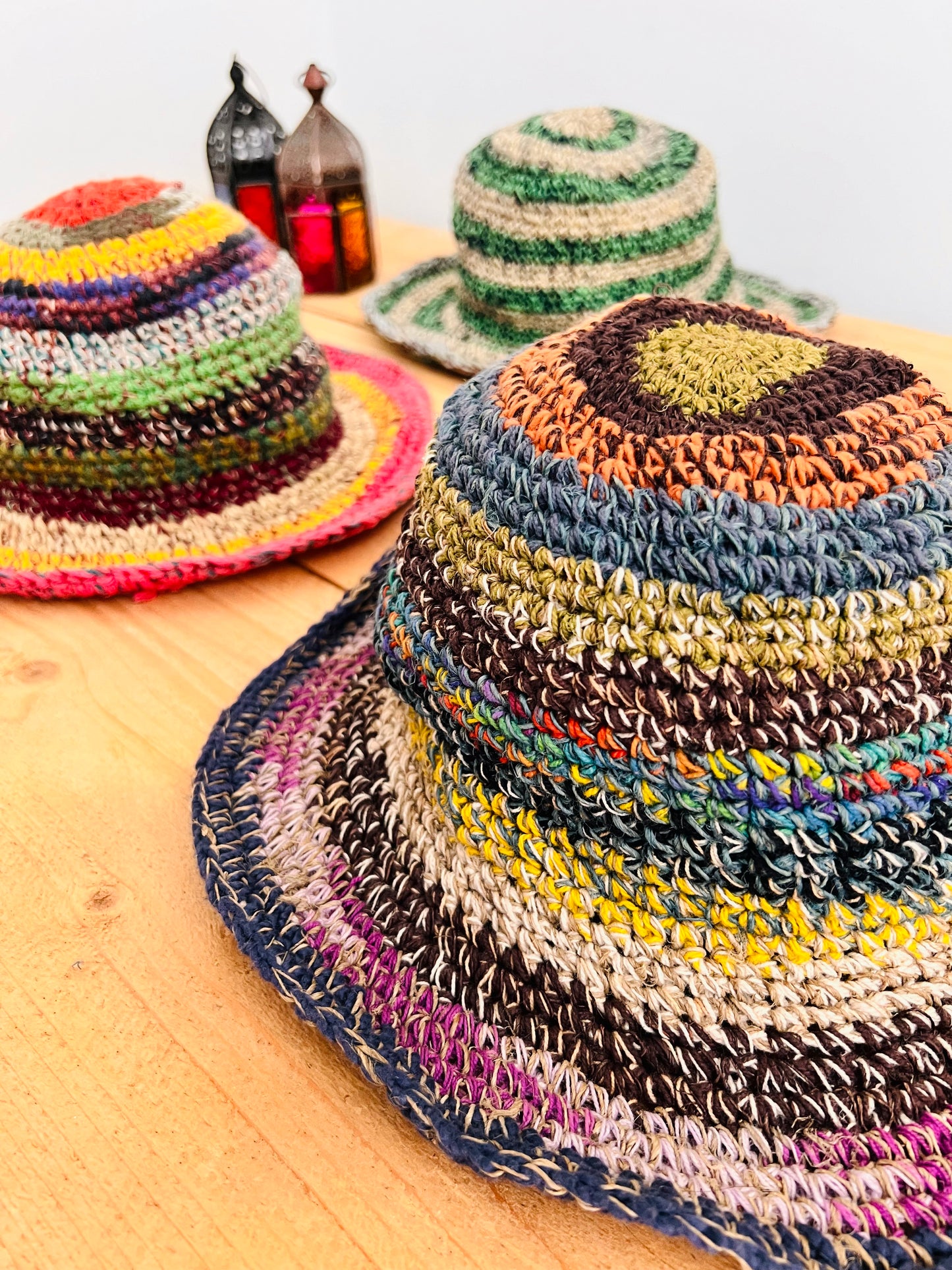 Handmade Fair Trade Ethically Sourced Hemp Bucket Hat Festival Summer Hippie Holiday Bohemian Stripe Green Hat