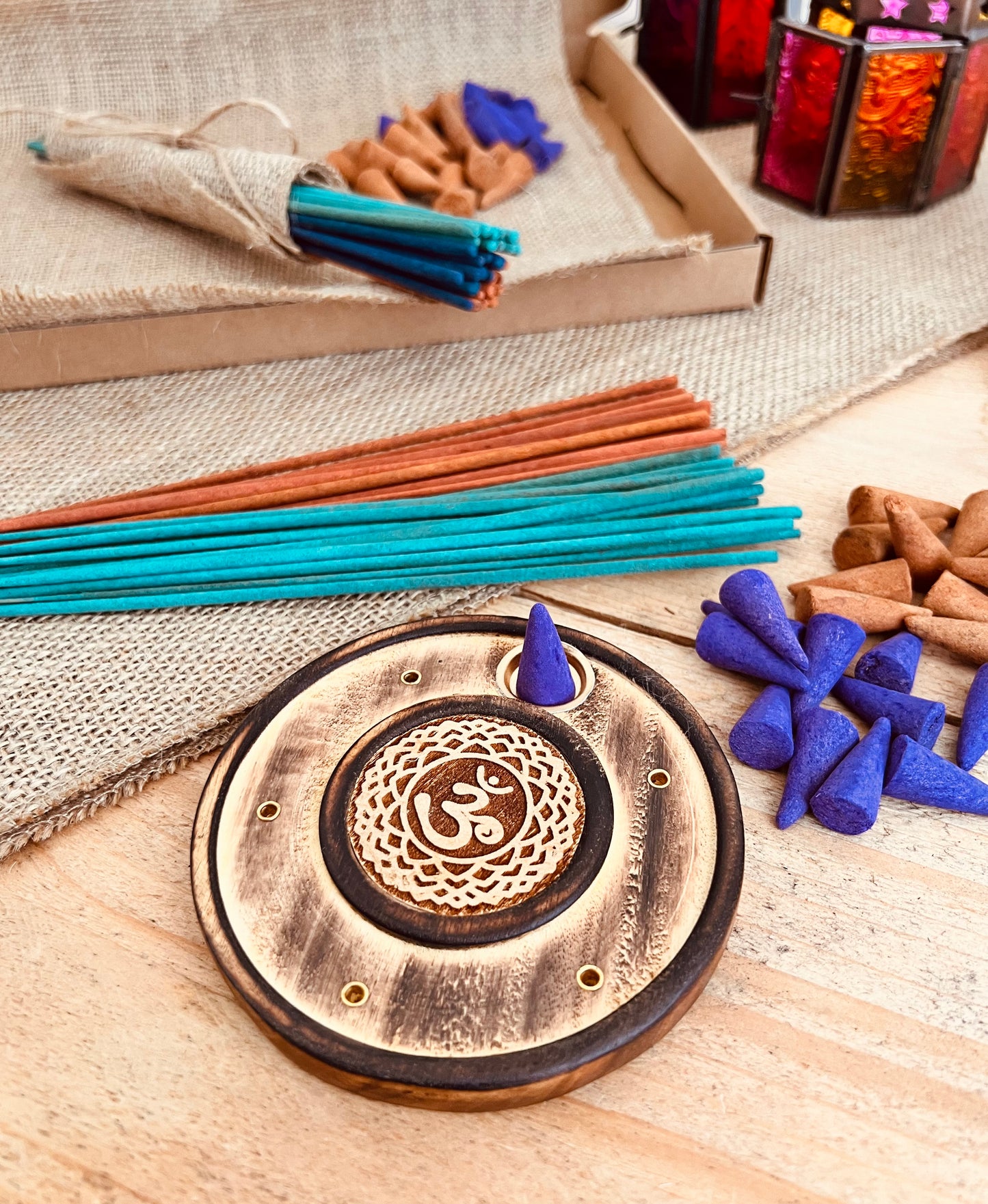 Beautifully packaged incense subscription featuring handmade wooden incense holder burner with calming scents, delivered monthly for home and spiritual rituals