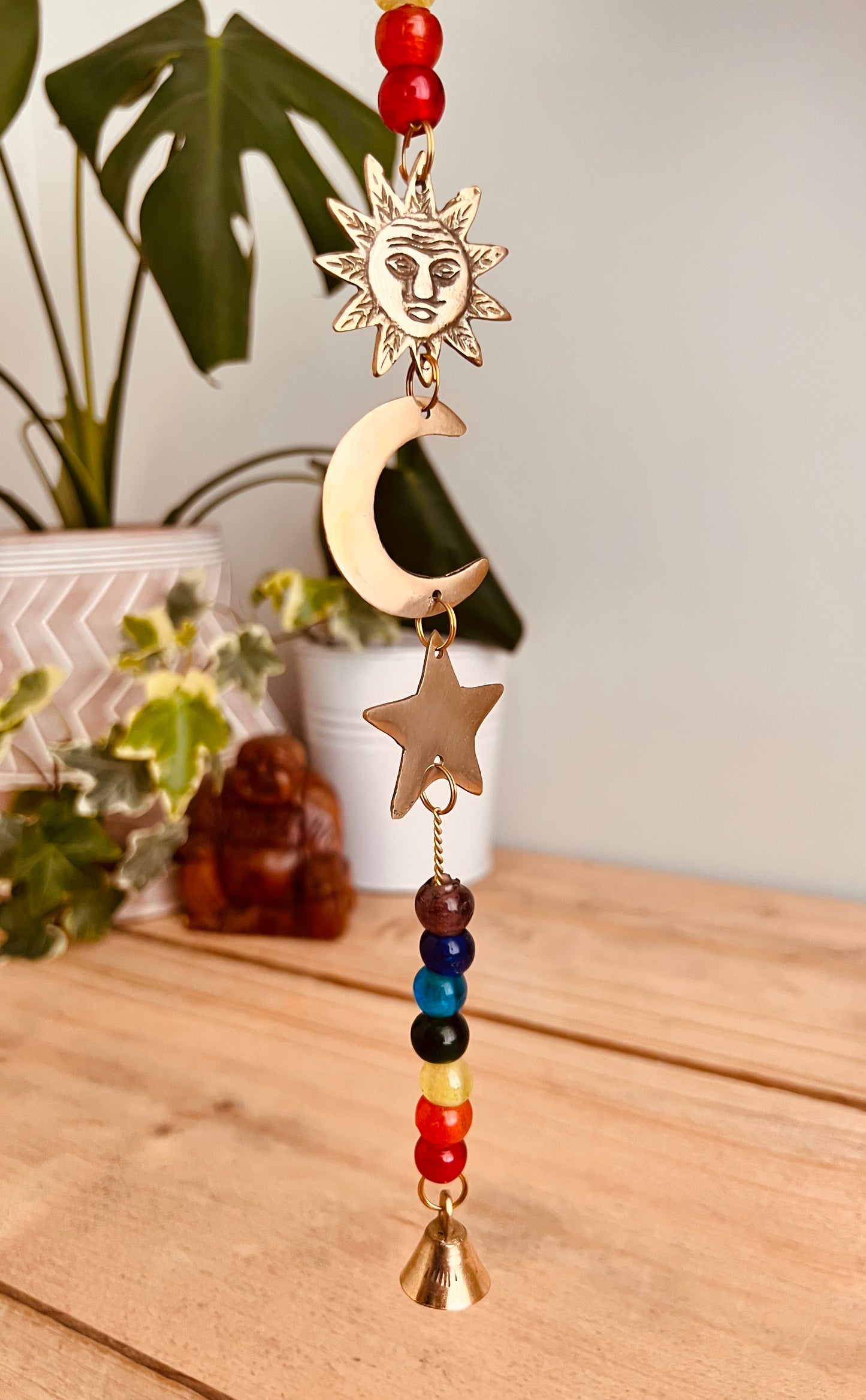 Handmade Fair Trade Ethically Sourced Recycled Brass Bohemian Hippie Hanging Bell Wind Chime Glass Beads