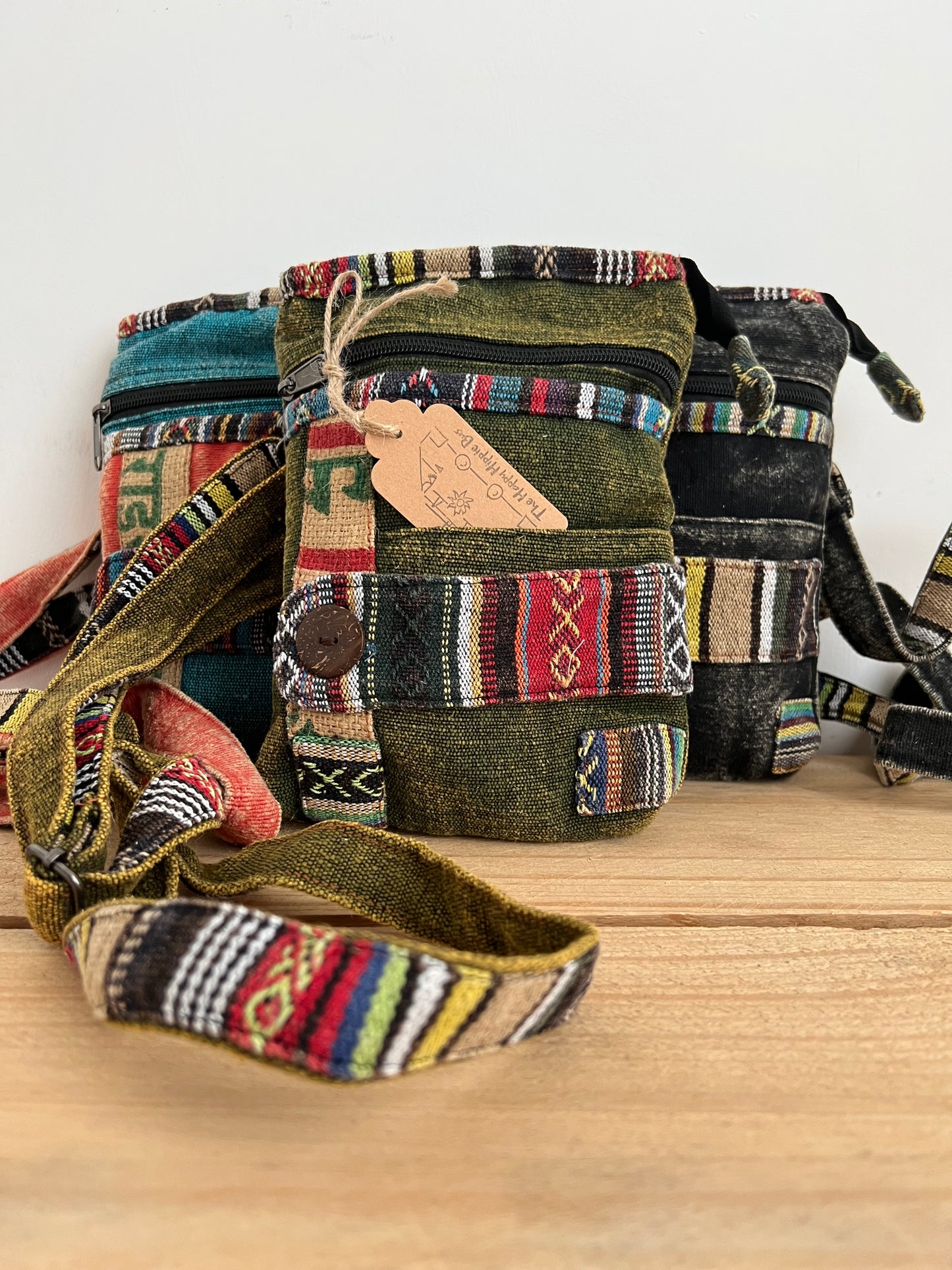 Handmade Fair Trade Ethically Sourced Bohemian Shoulder Passport Bag Green Blue Black