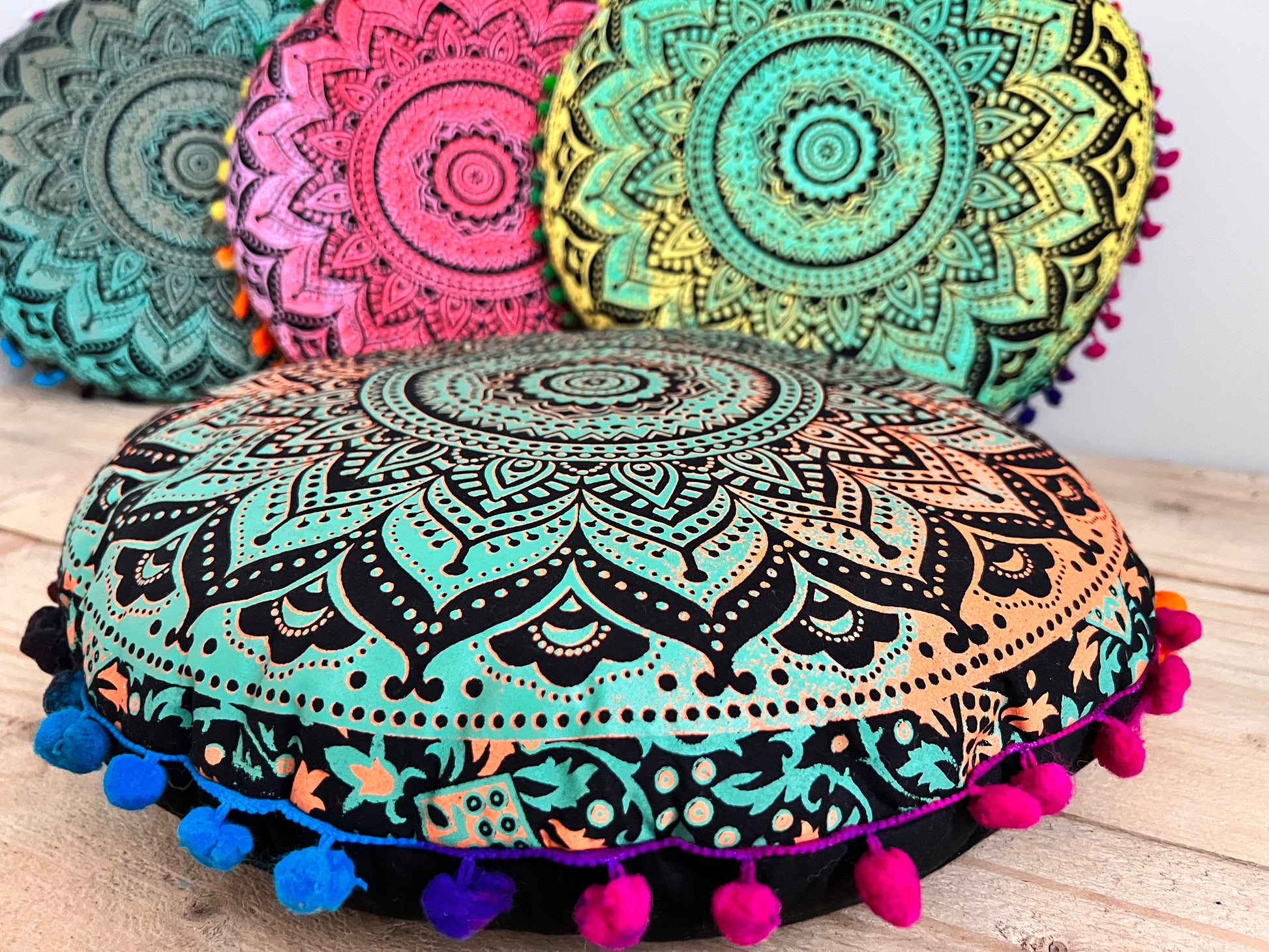 Round yoga floor cushion Handmade fair trade ethically sourced 