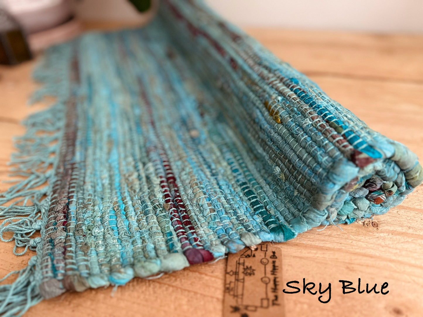 Sky Blue Colourful handmade fair trade ethical rag rug home tassel rug mixed colours recycled materials cotton rugs home living room bedroom hallway rug