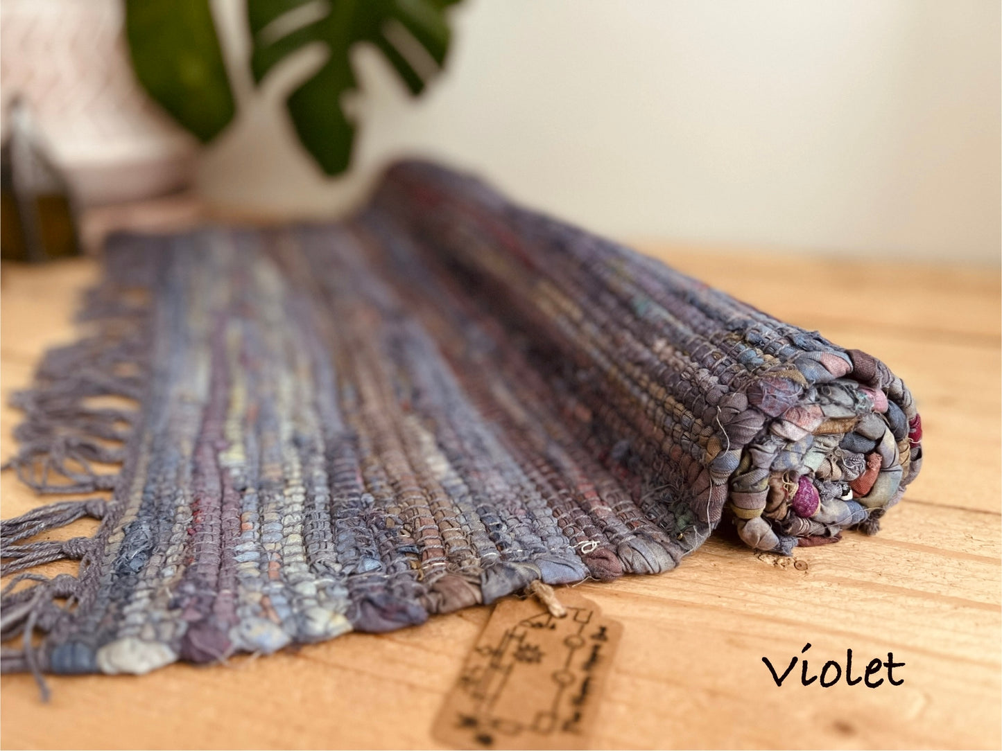 Violet Colourful handmade fair trade ethical rag rug home tassel rug mixed colours recycled materials cotton rugs home living room bedroom hallway rug