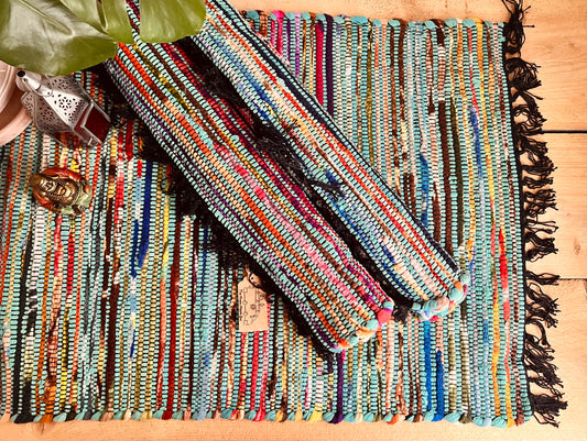 Recycled fabric handmade fair trade turquoise rag rug