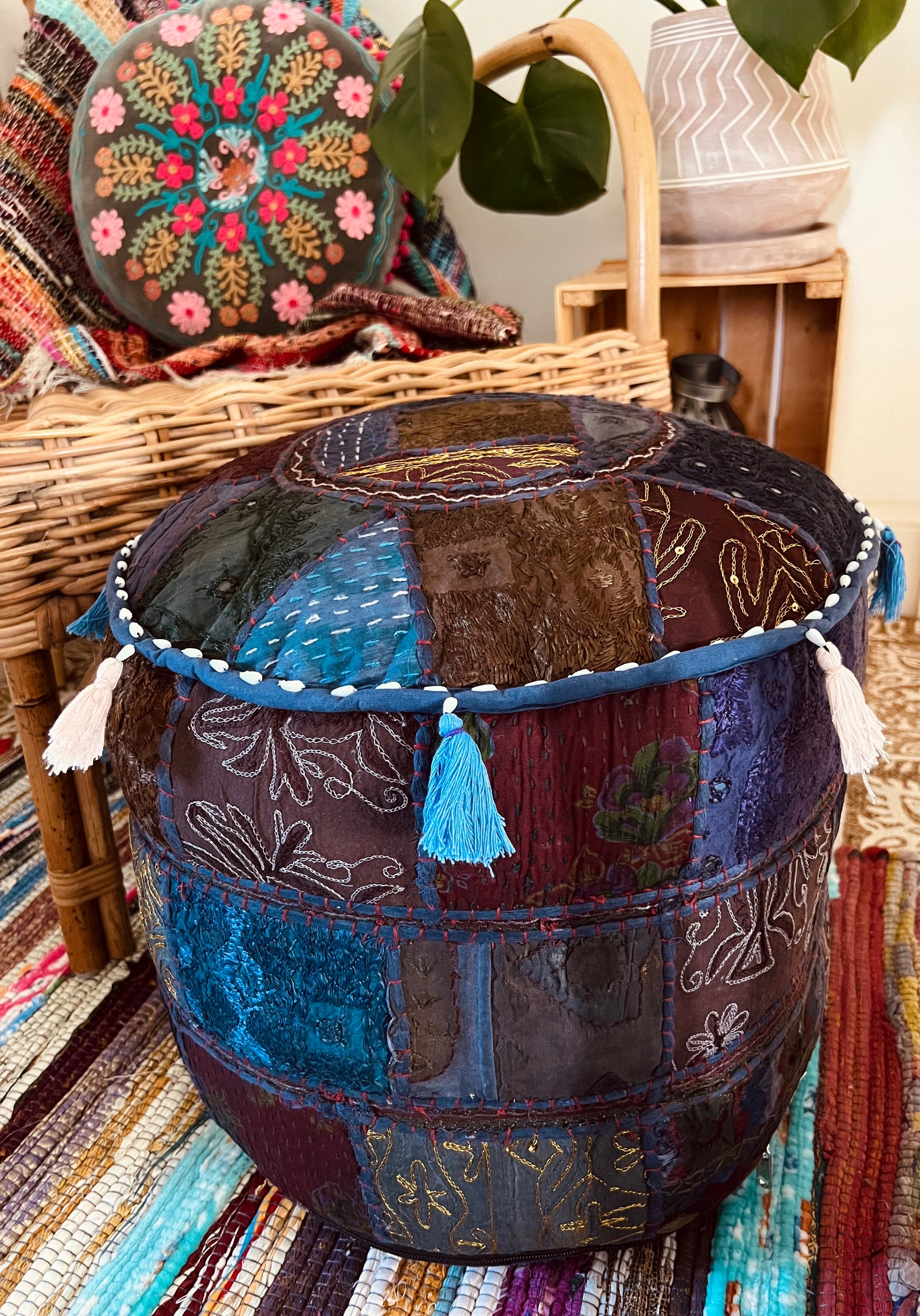Handmade fair trade indigo blue footstool with tassels