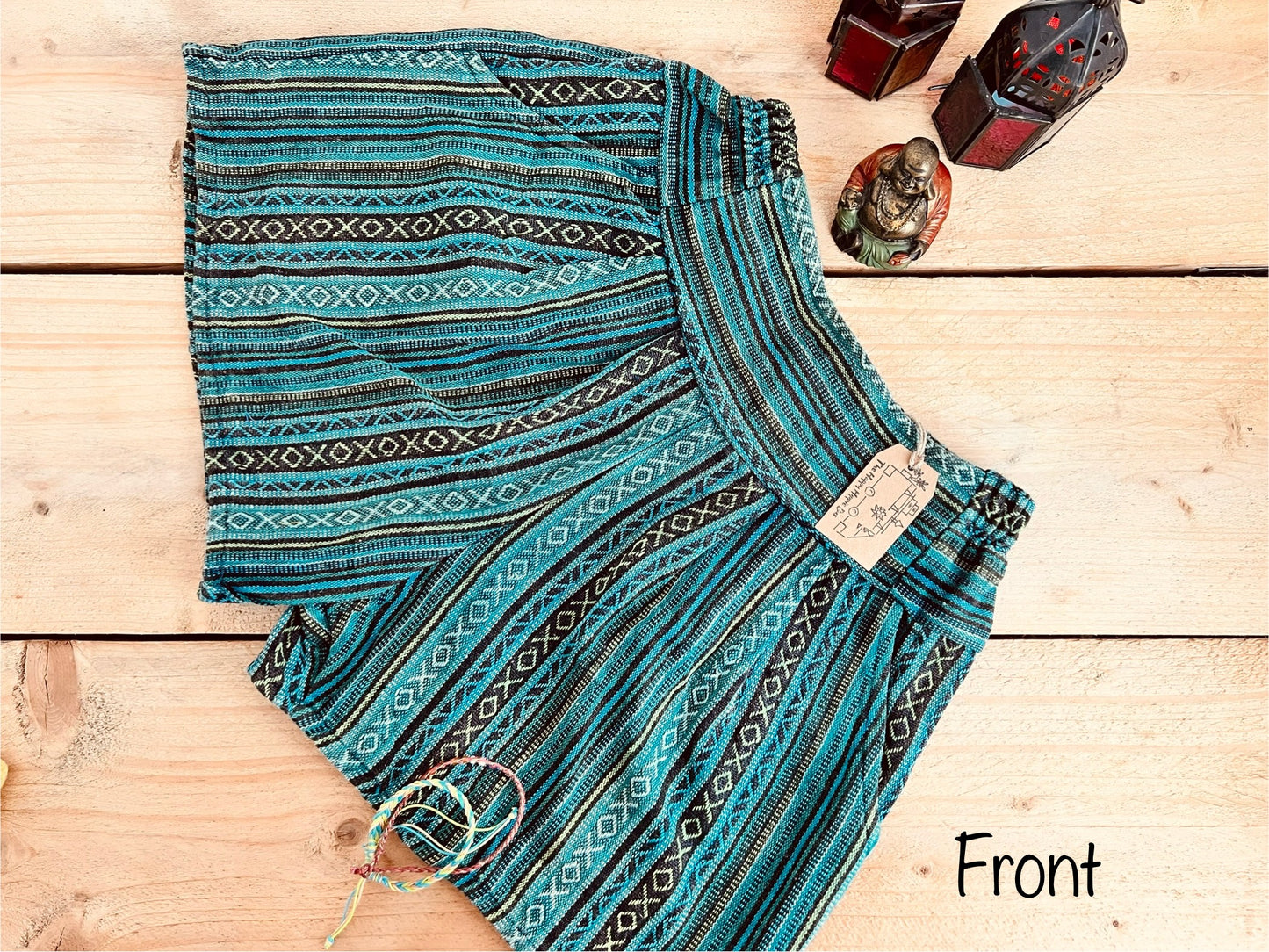 women’s summer boho hippie shorts, blue turquoise striped casual relaxed fit shorts with half elasticated waist, recycled handmade cotton fabric shorts with striped bohemian hippie design, fair trade and ethical