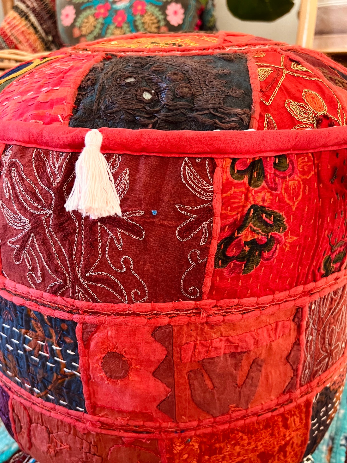 Scarlet Red Patchwork Indian Bohemian Pouffe