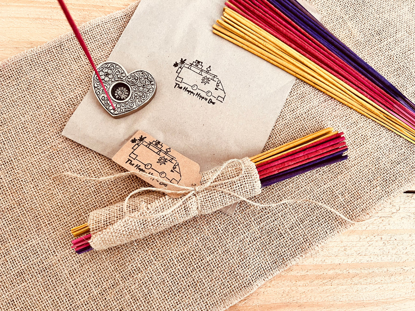 30 Vibrantly colourful summer mix incense sticks, handmade plastic free eco friendly environmentally conscious sustainable incense sticks for home in the summer time, yellow, Purple, pink incense sticks wrapped in hessian burlap wrap, fair trade and ethically sourced summer home fragrance incense