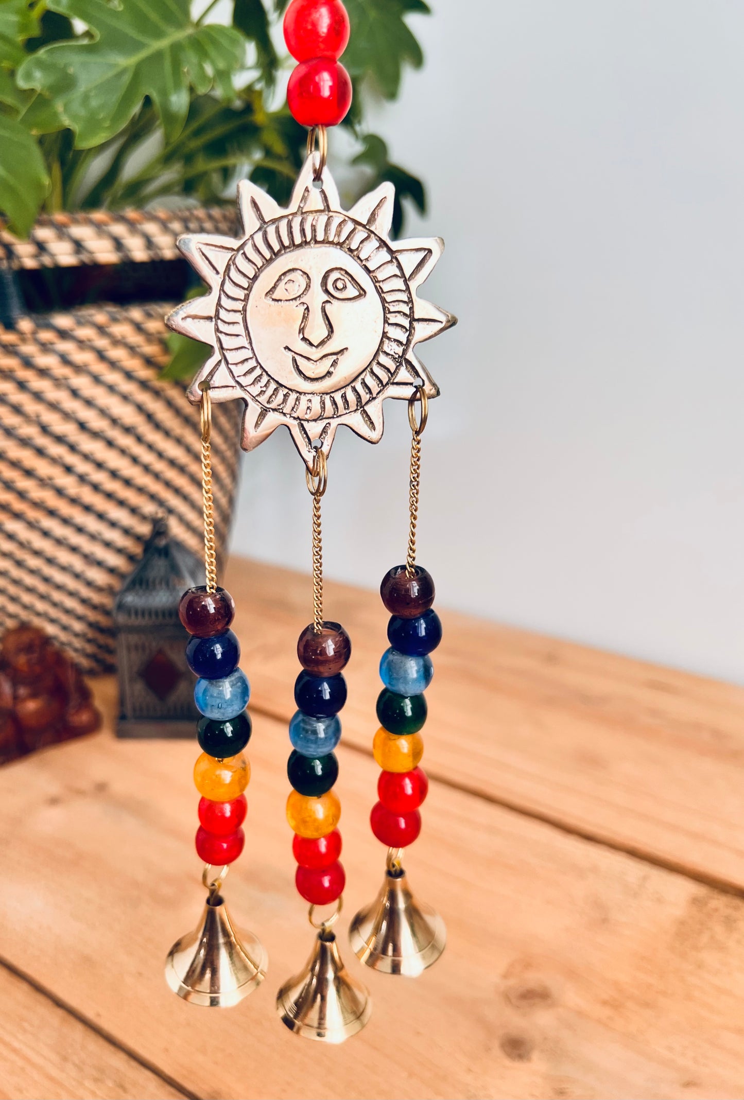 handmade mini brass sun sunshine bells, smiling sun boho hippie colourful wind chime bells, fair trade, ethical, hanging mini recycled brass bell chime