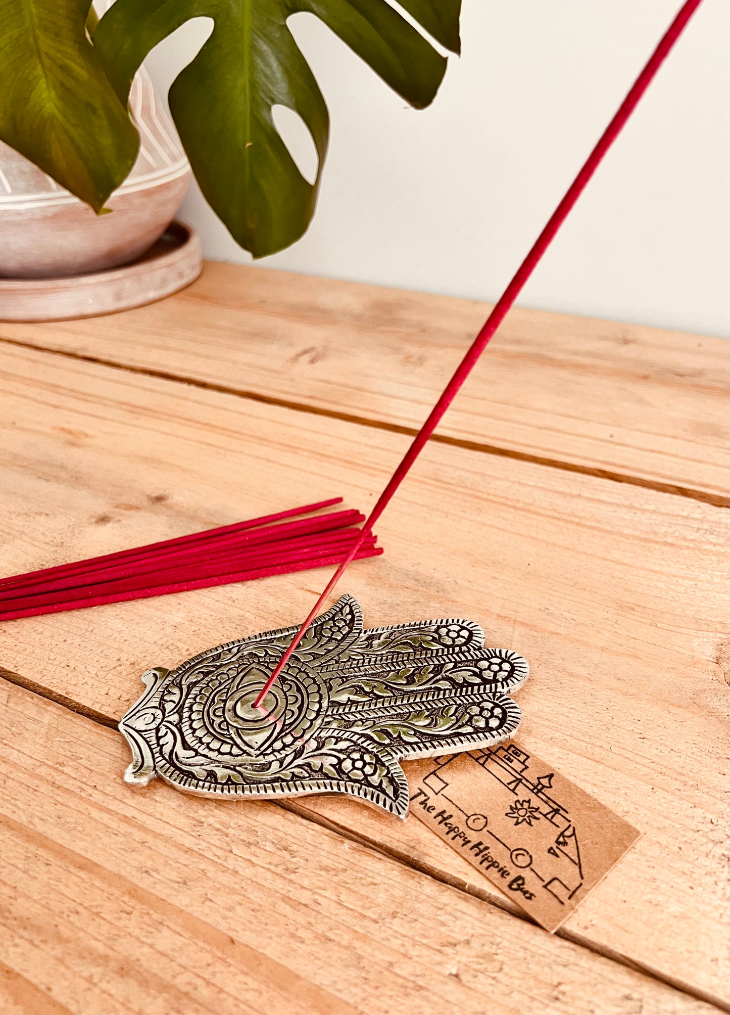 Hamsa hand incense joss stick incense stick burner holder silver metal hand of Fatima handmade fair trade incense