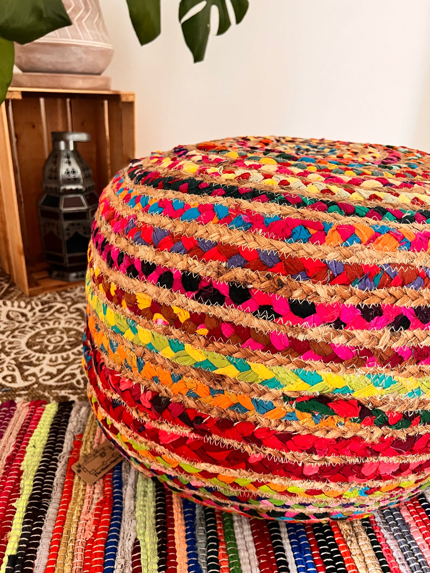 Colourful Jute Chindi Footstool Pouffe