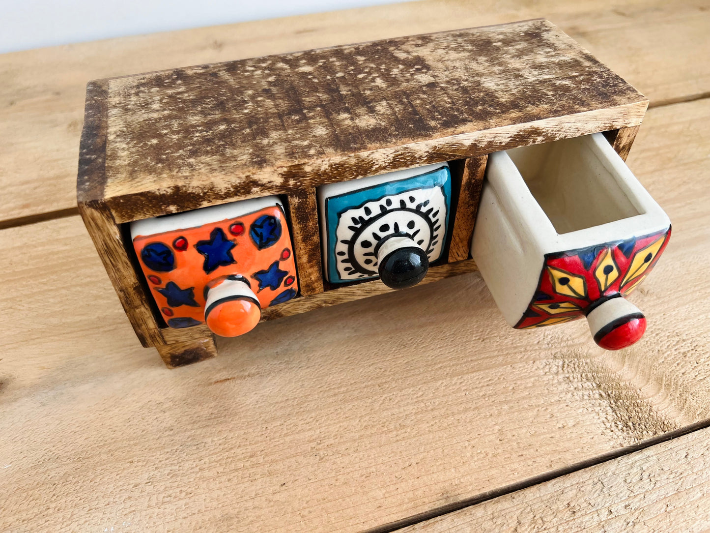 Handmade Fair Trade Ethically Sourced Bohemian Hippie Ceramic Wooden Drawers Jewellery Box Trinket Box