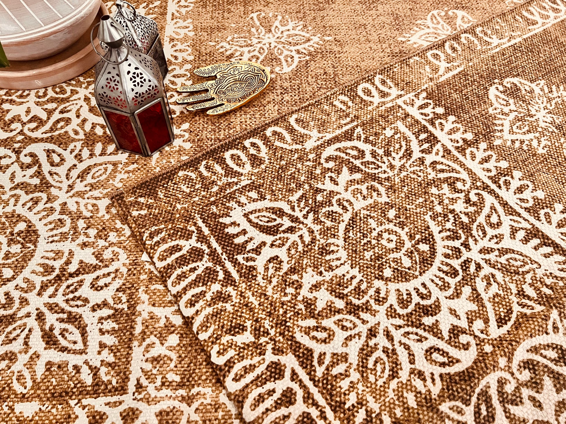 Handmade fair trade Indian print terracotta red rug