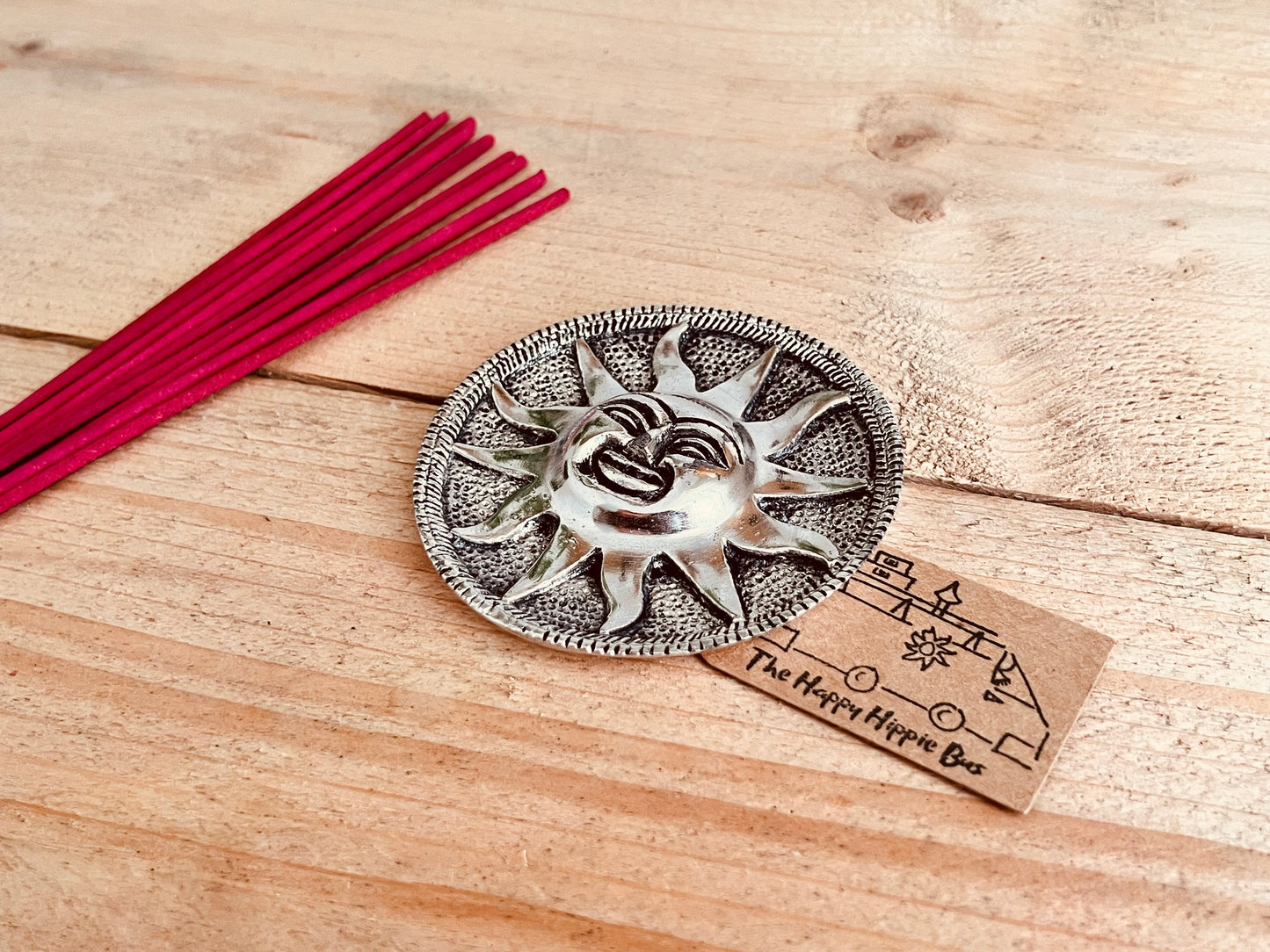 Metal Sun sunshine incense stick holder incense burner ash catcher handmade fair trade ethical recycled metal incense stick holder tray hippie boho Indian incense