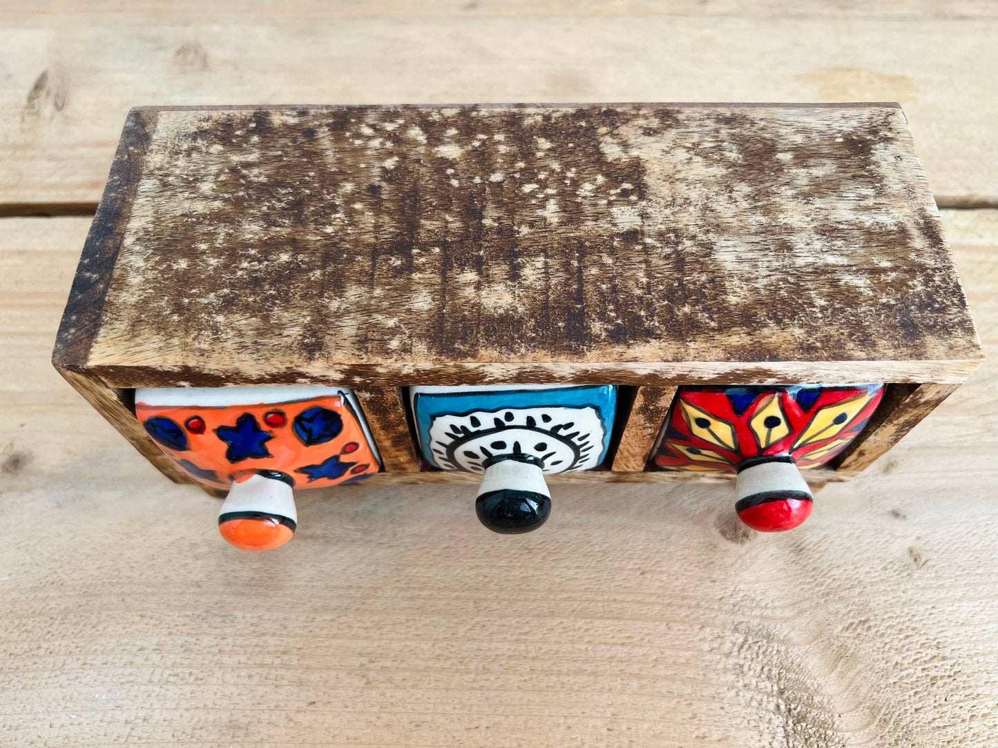 Handmade Fair Trade Ethically Sourced Bohemian Hippie Ceramic Wooden Drawers Jewellery Box Trinket Box