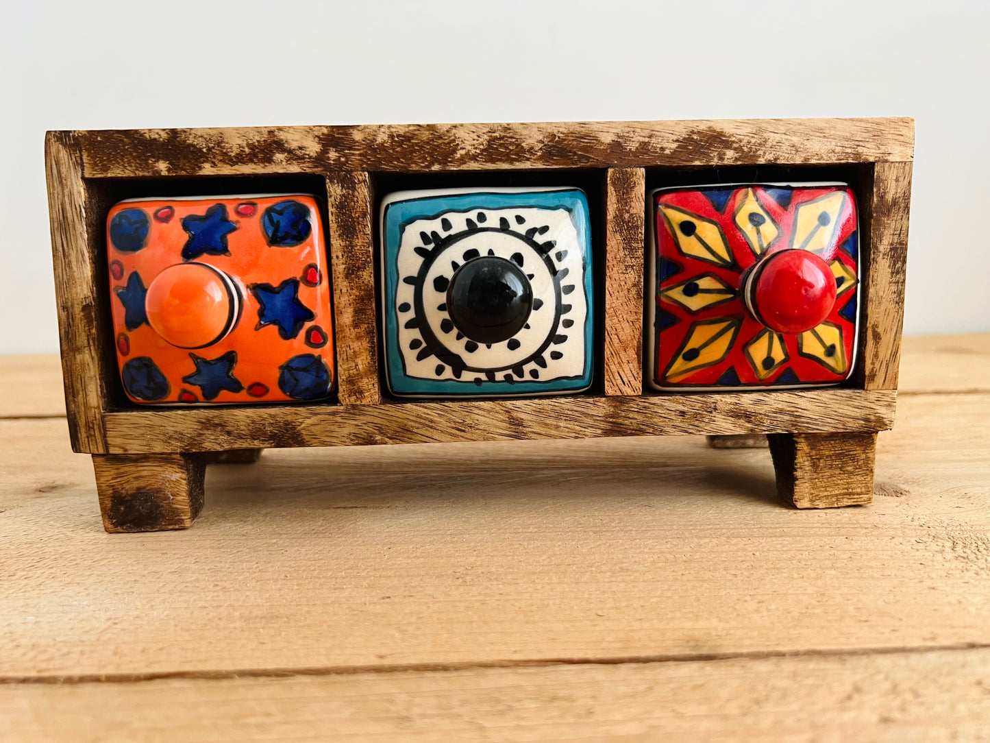 Handmade Fair Trade Ethically Sourced Bohemian Hippie Ceramic Wooden Drawers Jewellery Box Trinket Box