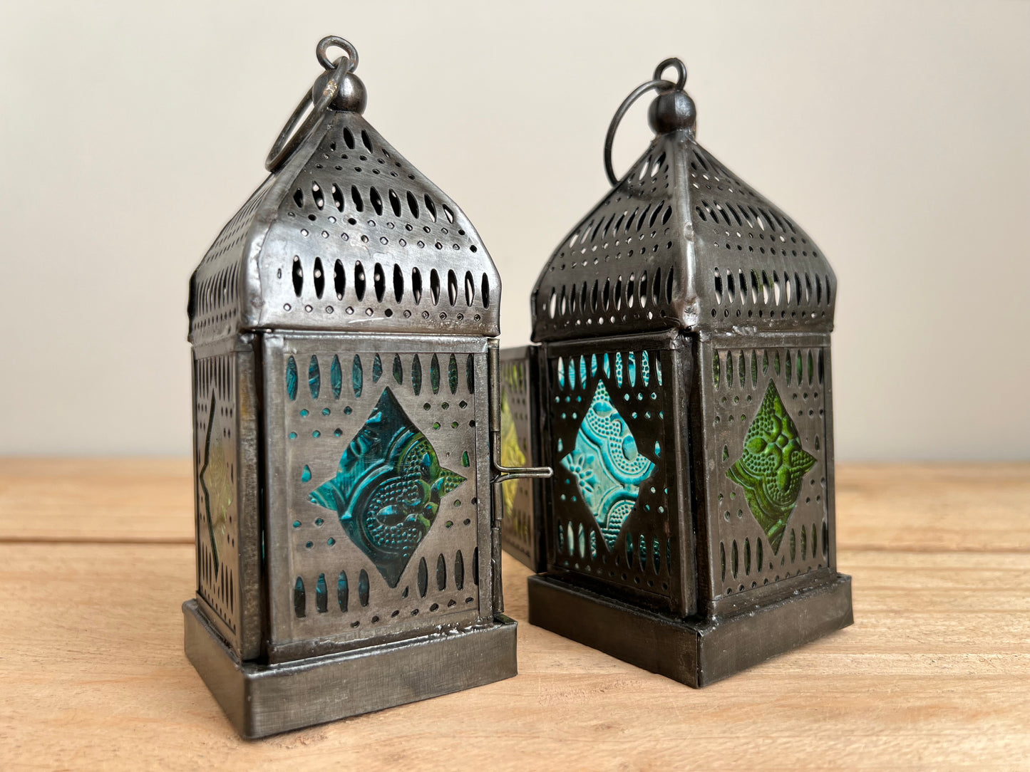 Handmade Fair Trade Small Silver Moroccan Style Lantern T Light Holder With Green & Blue Glass
