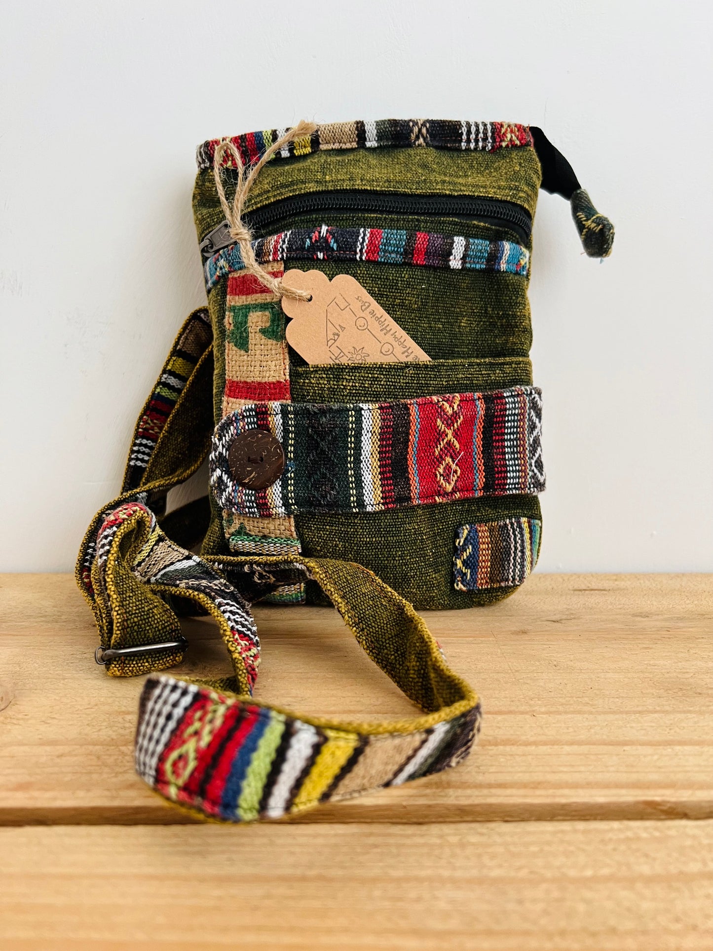 Handmade Fair Trade Ethically Sourced Bohemian Shoulder Passport Bag Green Blue Black