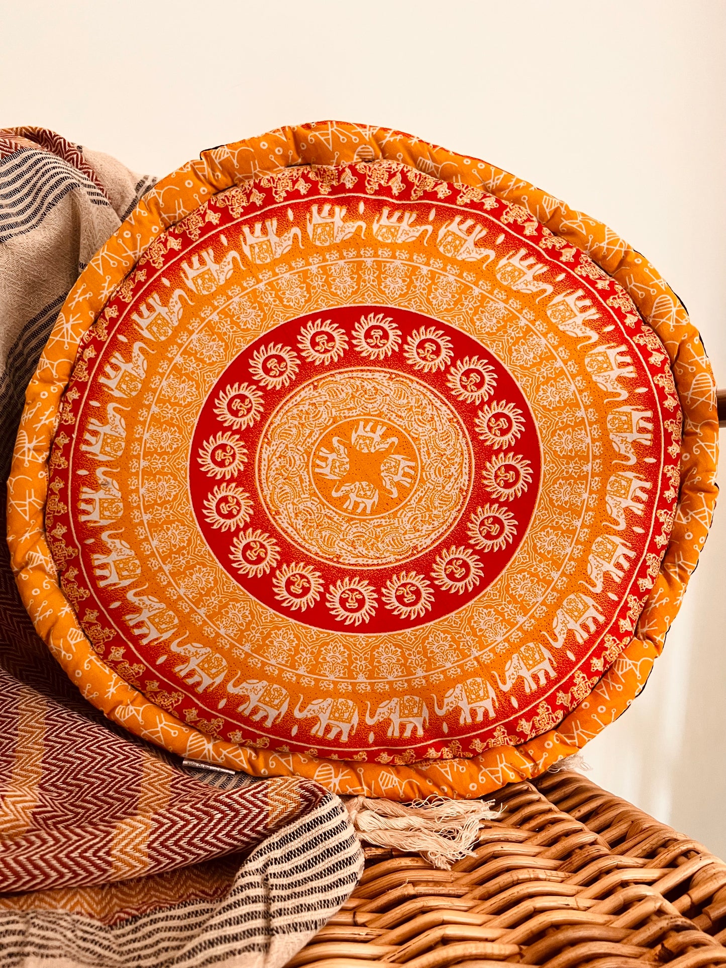 Handmade, Fair Trade, Large Yoga, Floor Cushion, Mandala Elephant Print, Orange