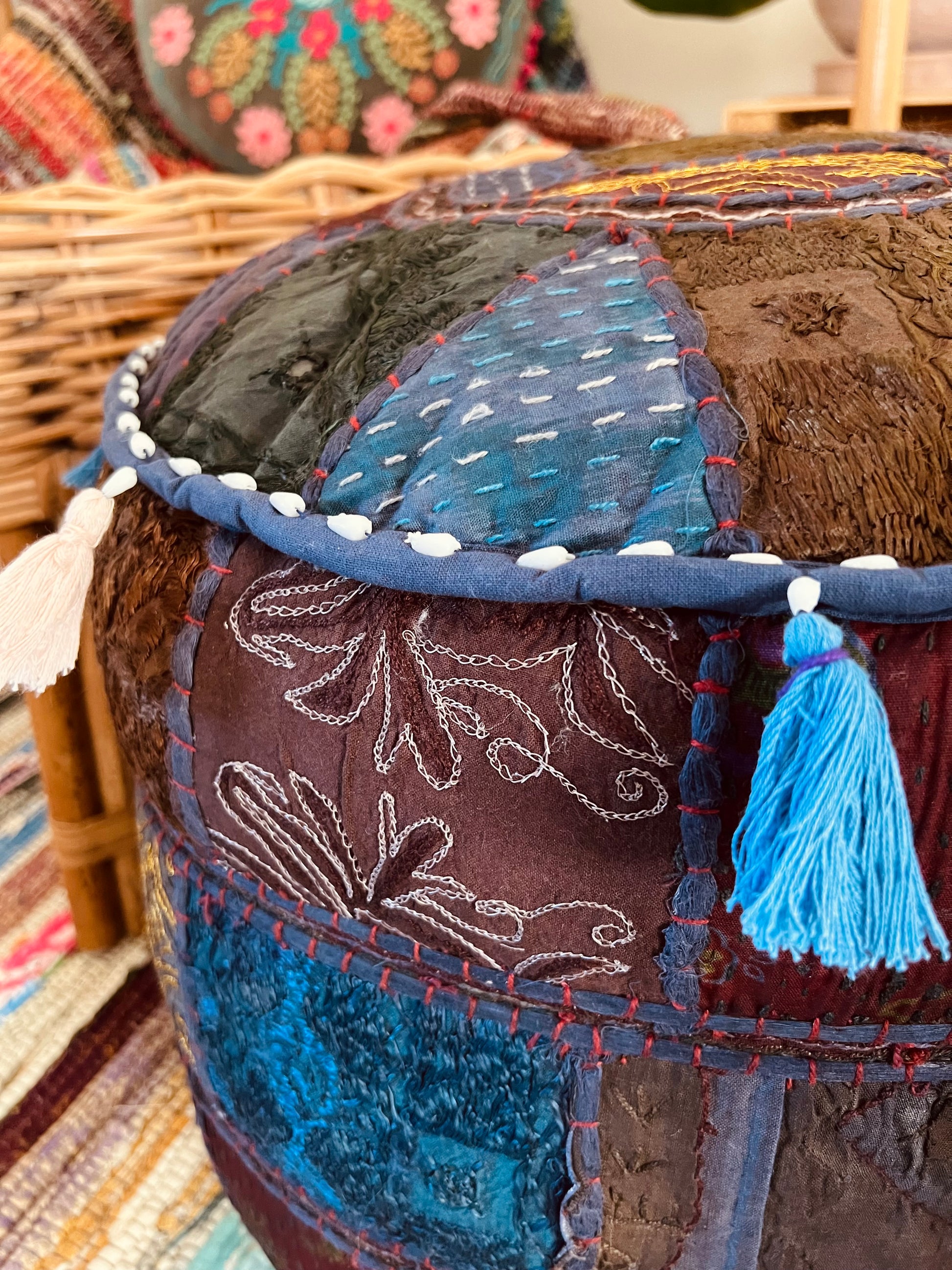 Embroidered Handmade fair trade indigo blue footstool pouffe pouf 