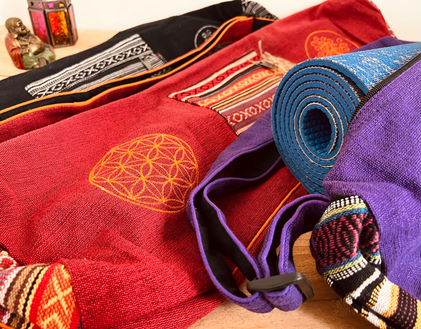 Yoga meditation Pilates exercise Mat bag carrier, exercise wellness wellbeing embroidered sports bag storage bag, boho hippie fair trade tree of life yoga mat bag bohemian handmade fair trade ethically sourced floor mat carrier bag with adjustable strap