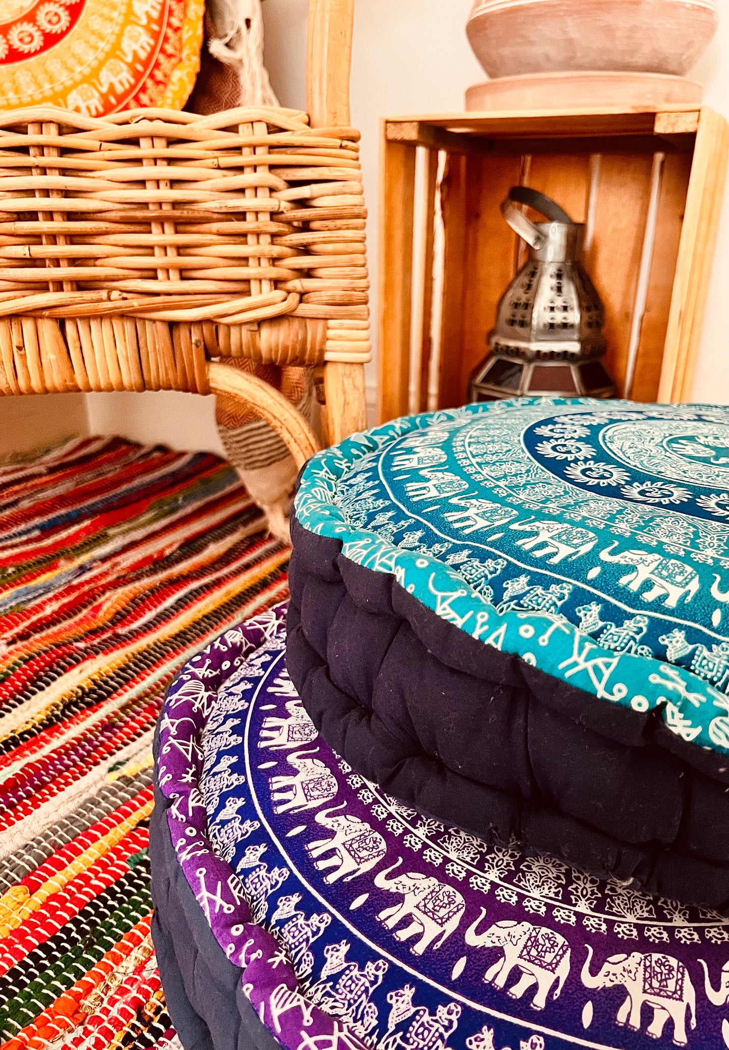 Handmade, Fair Trade, Large Yoga, Floor Cushion, Mandala Elephant Print.