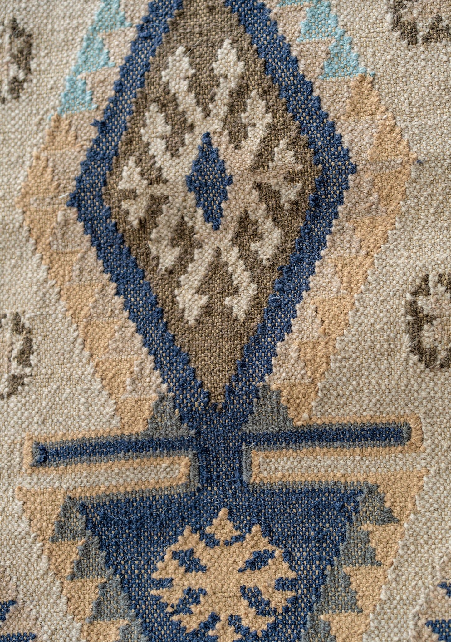 Close-up of a patterned rug with geometric design Handmade Fair Trade Ethically Sourced Blue Natural Rug Runner
