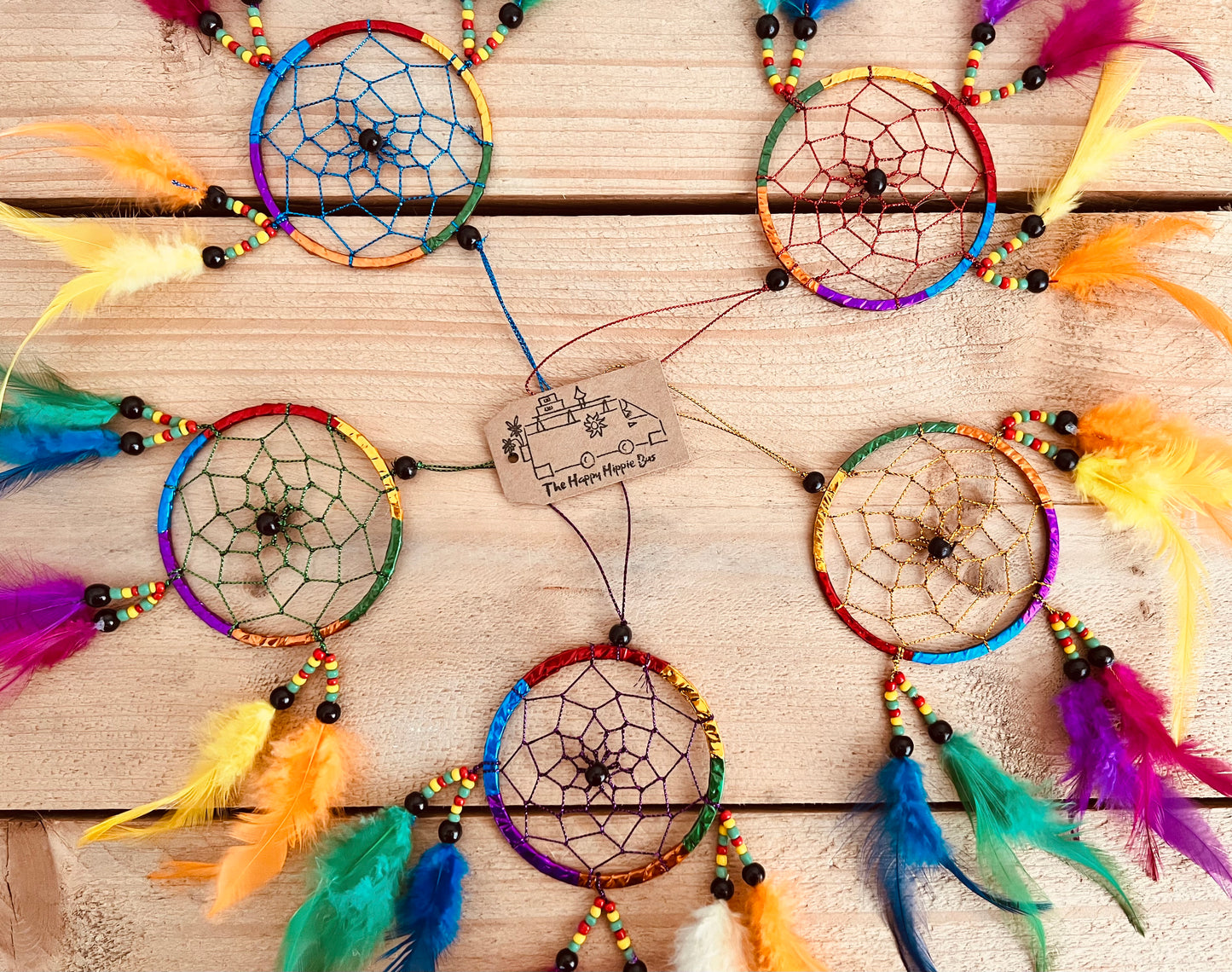 Mini Colourful Bohemian Hippie Dream Catcher with beads and colourful feathers Bedroom Home Decor Window Decoration Handmade Fair Trade Ethically Sourced
