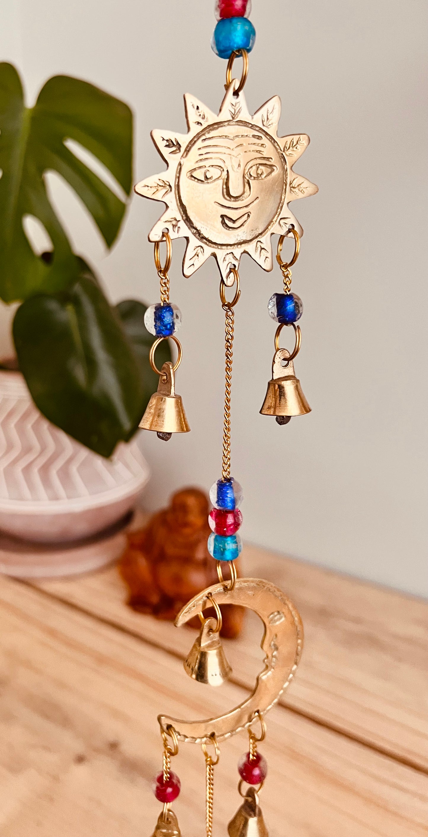 Brass Sun Crescent Moon star bells windchime wind chime recycled eco brass Indian bells fair trade handmade