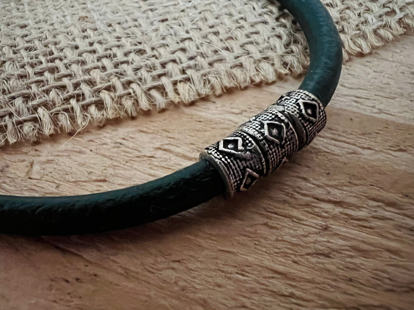 Handmade & Fair Trade Forest Green Cord Bracelet Uni Sex With Silver Beads Surfer Bohemian Style 