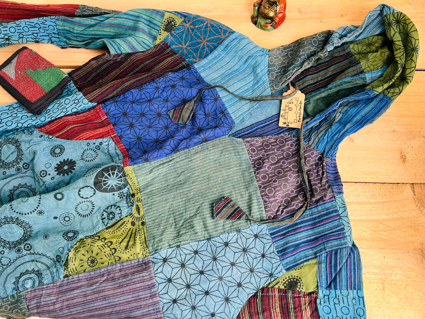 Blue patchwork Handmade fair trade fashion hippie boho hoodie blue 